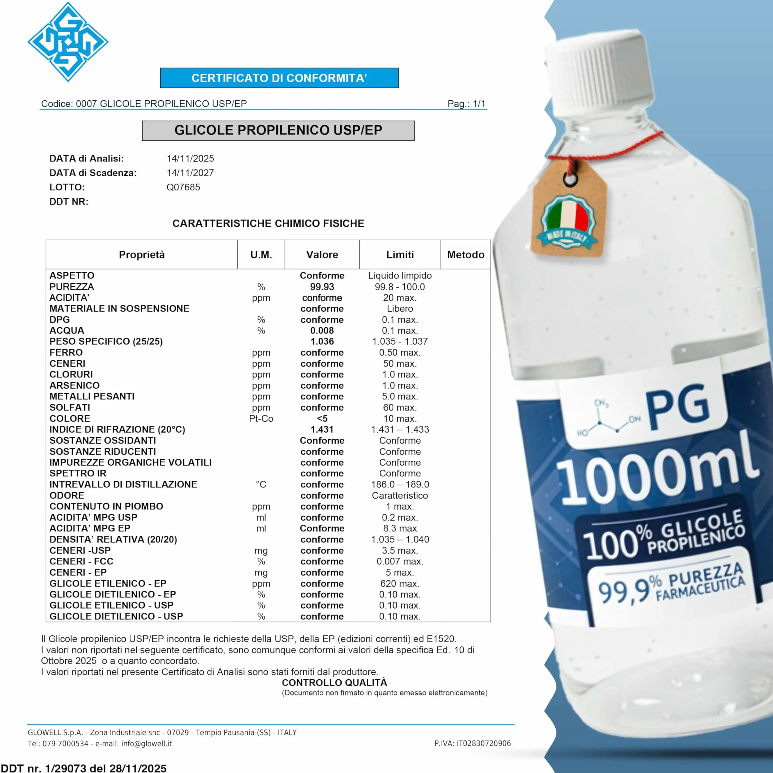 Glowell Kit 2000 ml Glicerina Vegetale Pura e Glicole Propilenico 1000 ml ciascuno, Purezza Farmaceutica 99.9%, Base Neutra 50/50 Multiuso Cosmetico e Tecnico, Made in Italy