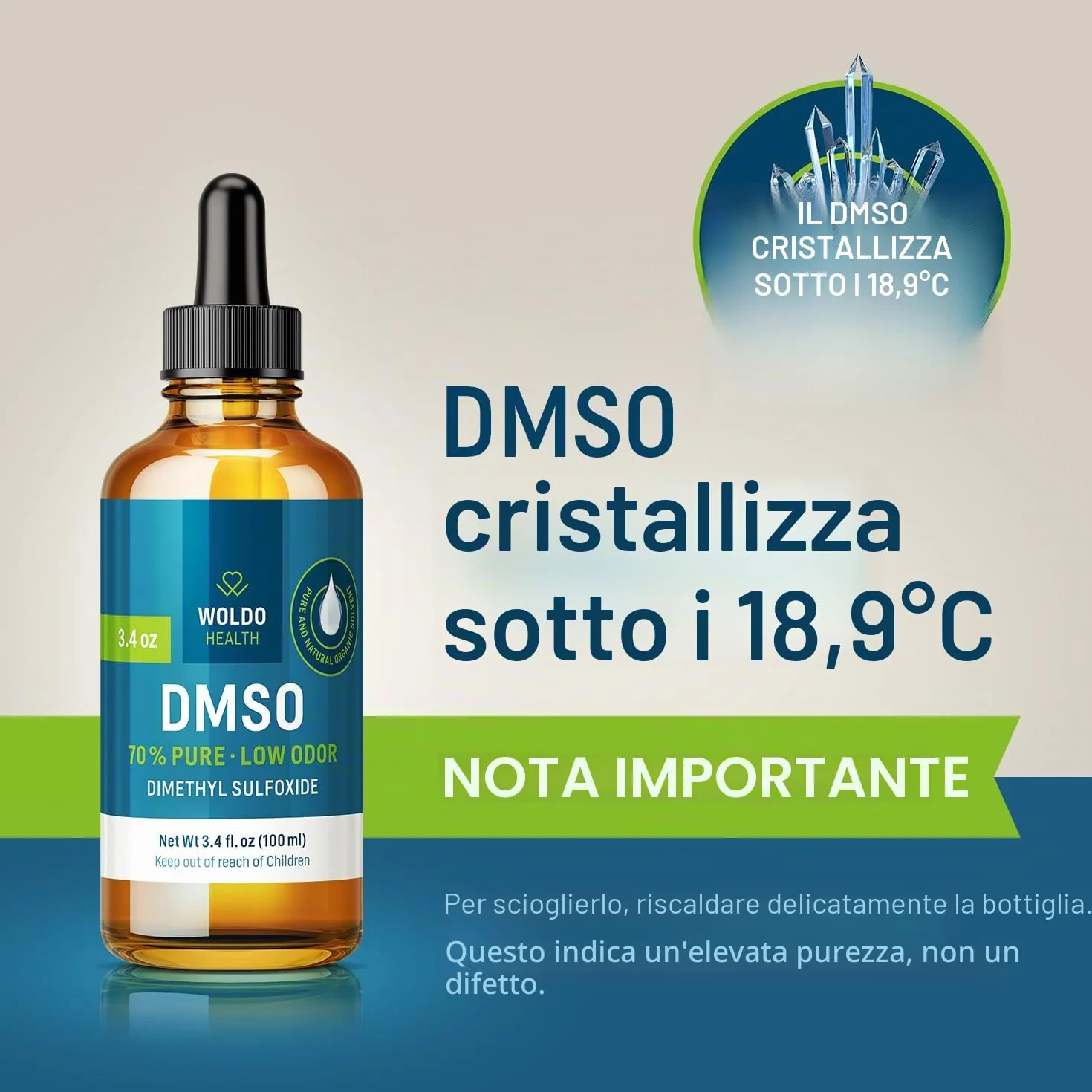 DMSO 70% con acqua demineralizzata 30% - Dimetilsolfossido qualità farmaceutica 100 ml con pipetta e tappo contagocce