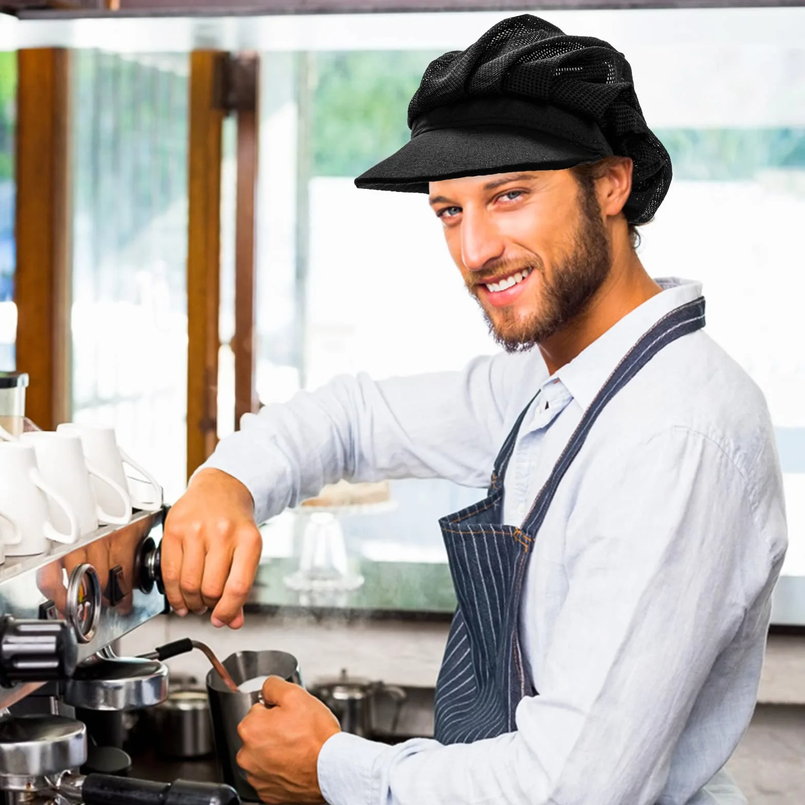 Cappello da Cuoco in Cotone Nero Donna Cucina Chef Baker Cuffia Alimentare Ristorante Raffreddamento Riutilizzabile 2 Pezzi