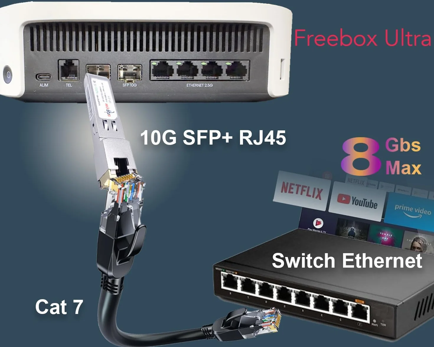 Elfcam 10Gb SFP+ RJ45 Modulo 10Gbase-T-30m con Cavo Cat8 2m per Freebox Ultra