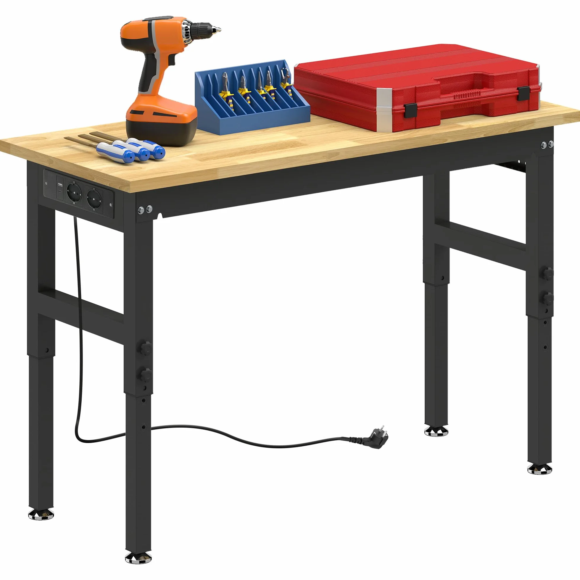 HOMCOM Banco da Lavoro Garage in Legno di Caucciù, Tavolo da Lavoro 5 Altezza Regolabile 84-99 cm, Pannello Forato, 2 Prese AC, Porta USB e Type-C, Capacità 900 kg, per Officina e Casa, 122x51x99 cm
