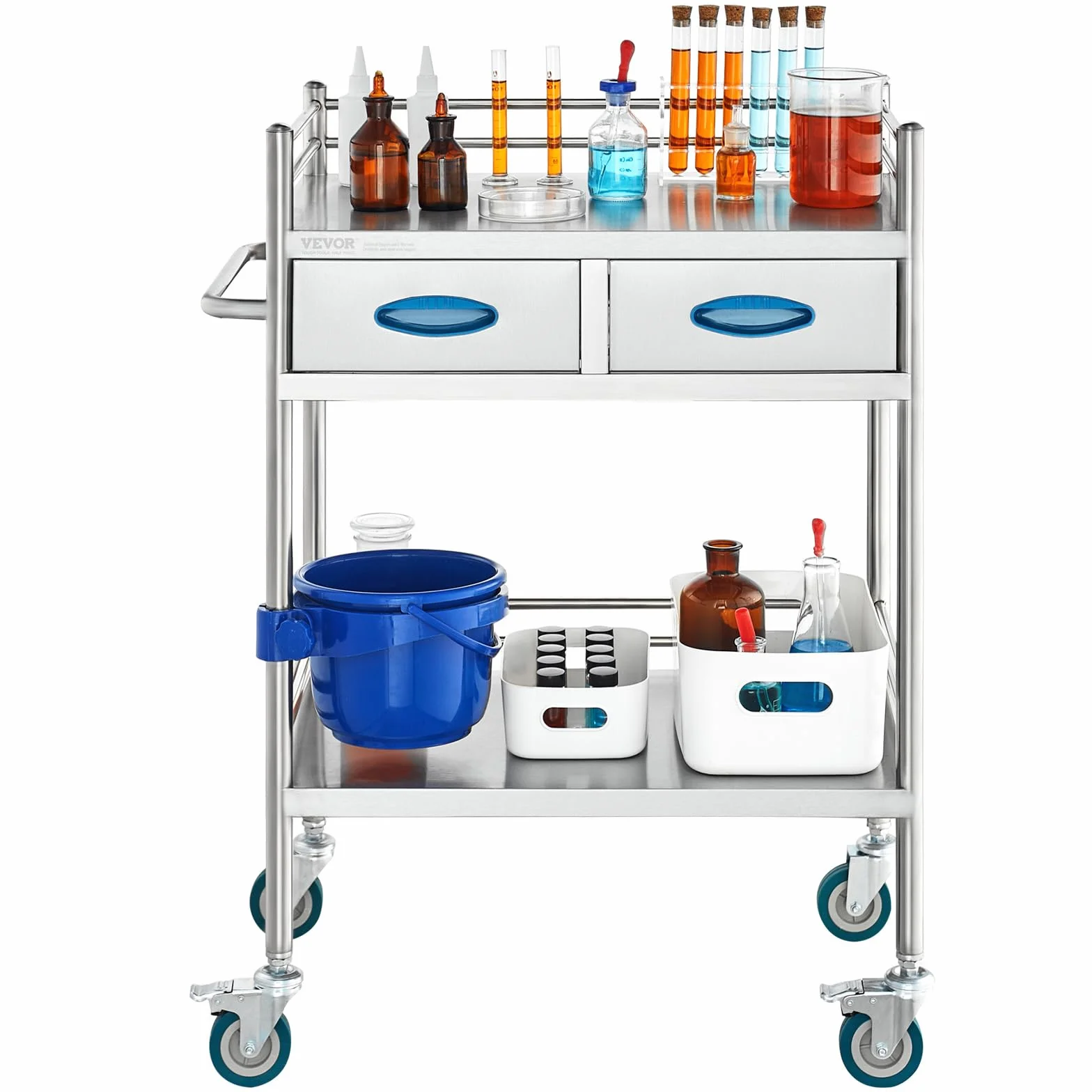 VEVOR Carrello da laboratorio in acciaio inox a 2 strati, Carrello medico con ruote bloccabili
