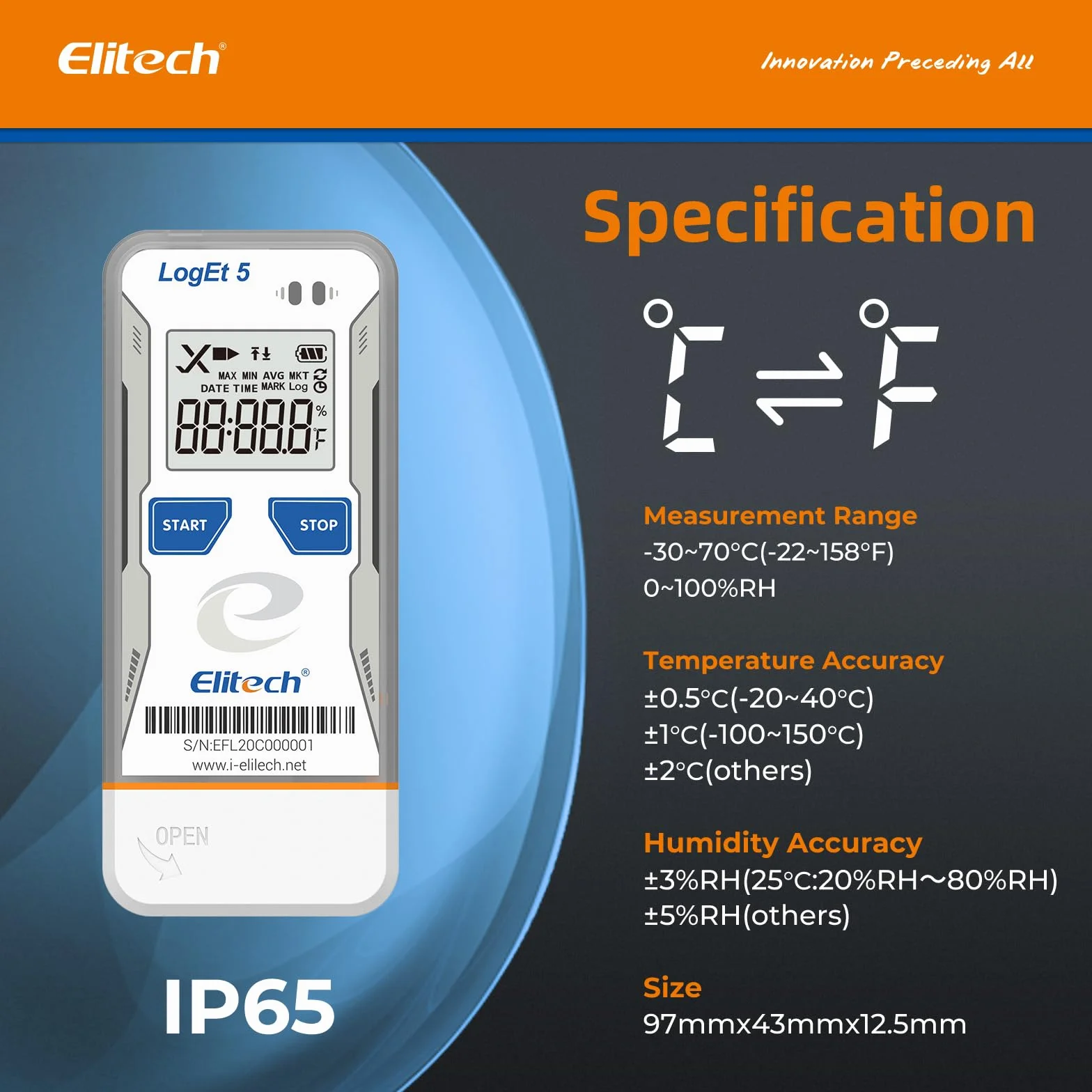 Elitech LogEt5TH Registratore Dati Digitale di Umidità della Temperatura USB 32000 Punti Rapporto PDF CSV