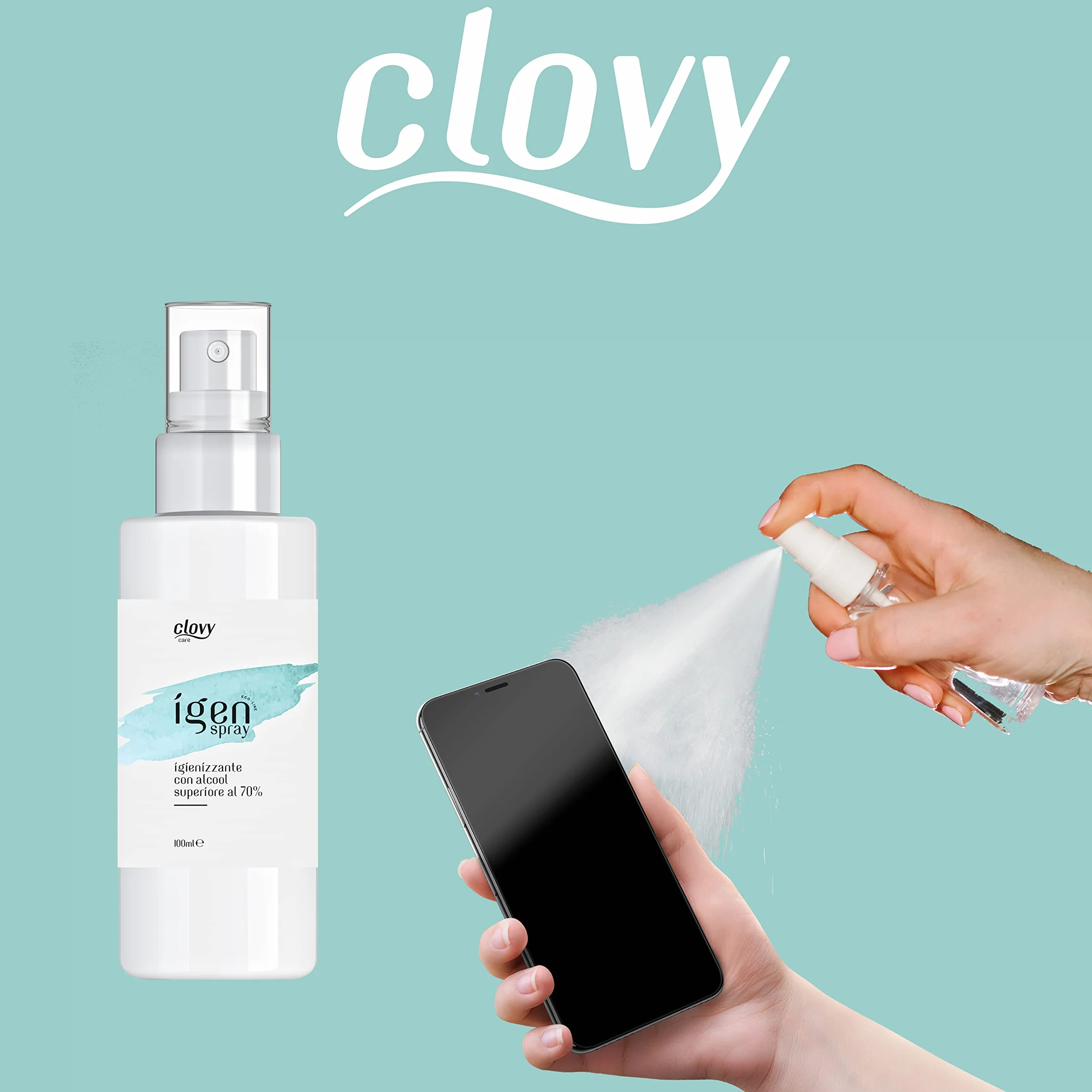 Clovy Care. Igienizzante spray tascabile 2in1 da 100 ml con alcool contenuto >70% per mani e superfici. Senza risciacquo. Rapida asciugatura. (100 ML, 6)