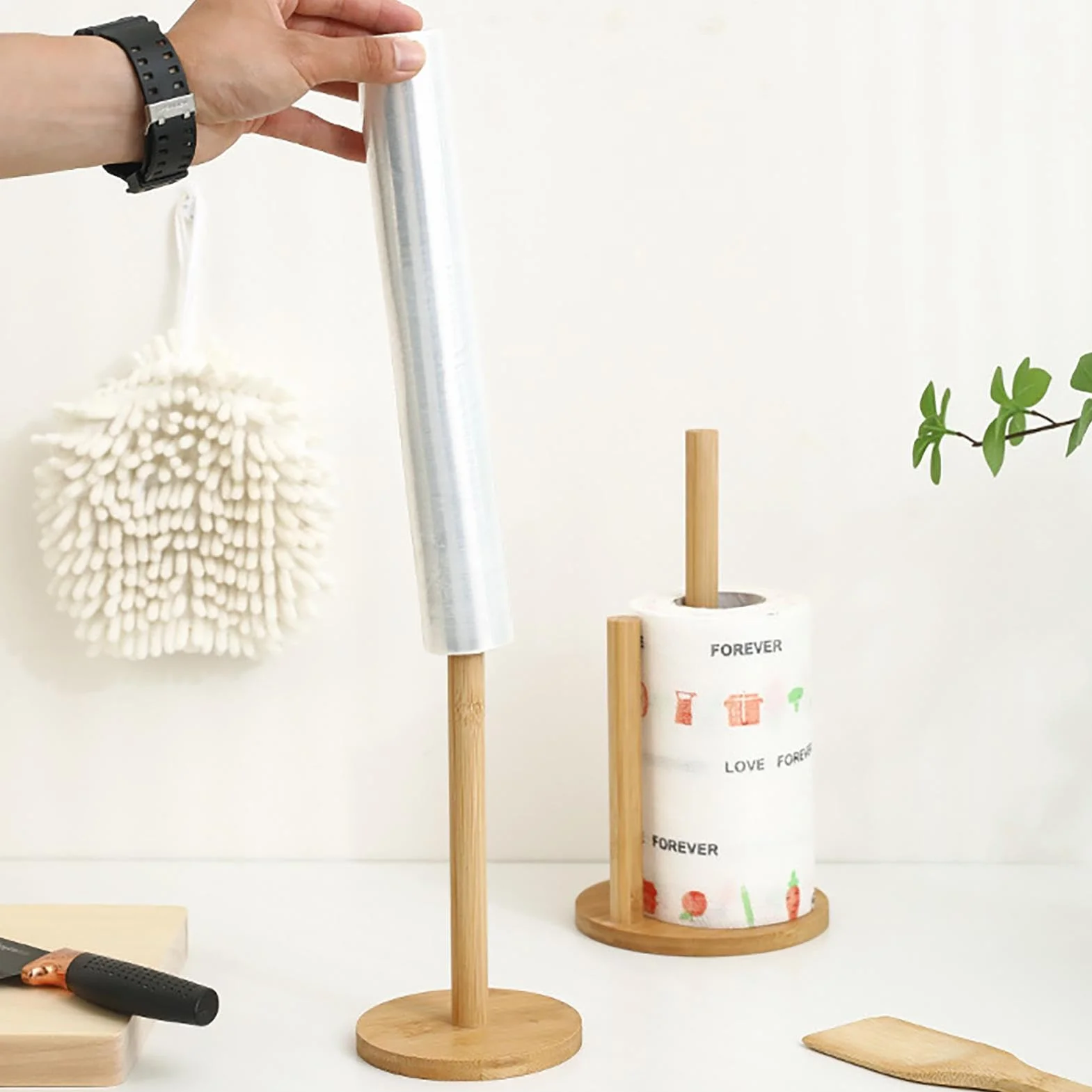 Supporto Per Rotolo Di Carta Assorbente In Bambùs, Porta Rotolo Di Carta Assorbente In Legno Da Cucina, Portarotolo Da Banco Con Base Antiscivolo, Per Pellicola Salvafreschezza, Straccio(B)