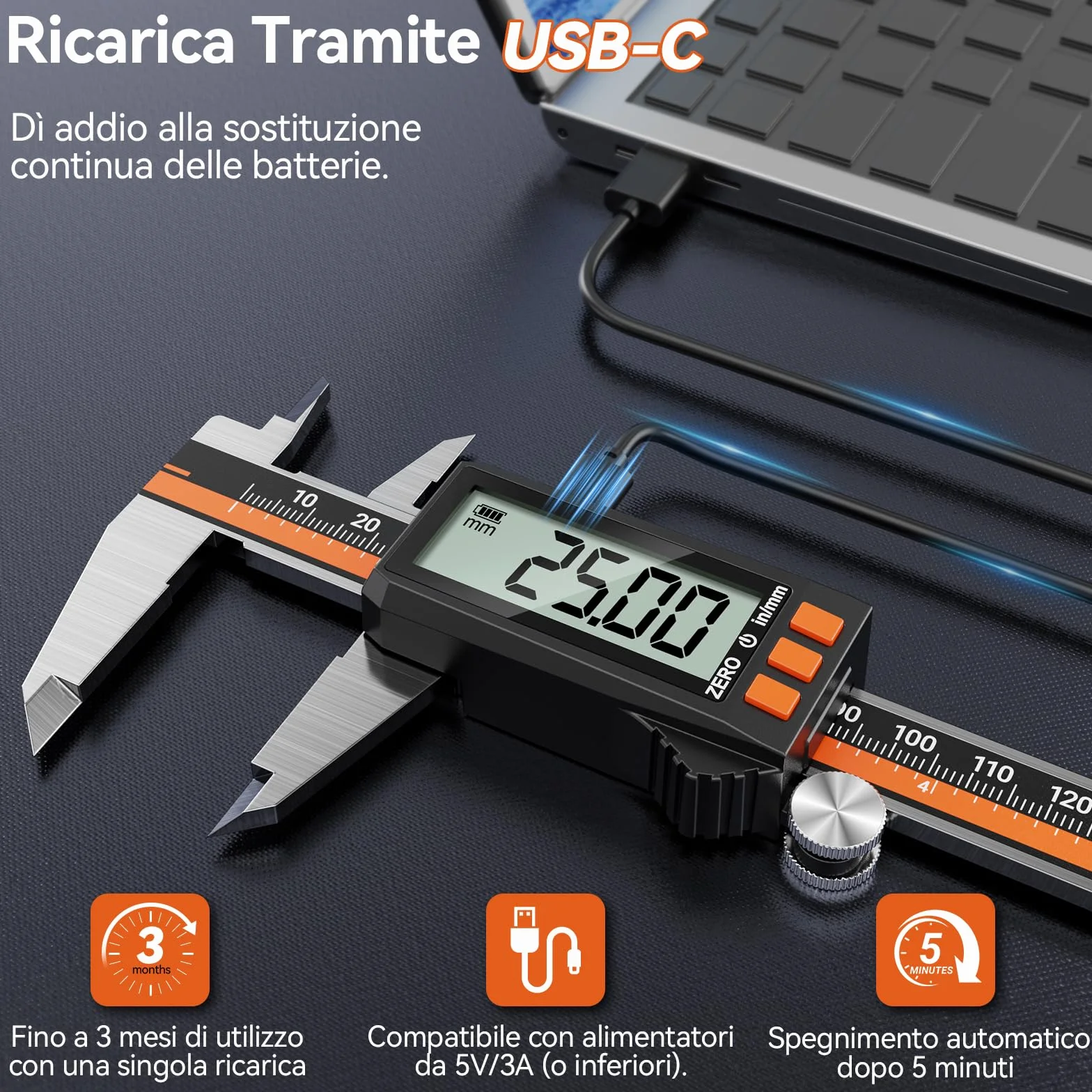 Preciva Calibro Digitale 150mm Acciaio Inox IP54 Impermeabile USB Ricaricabile