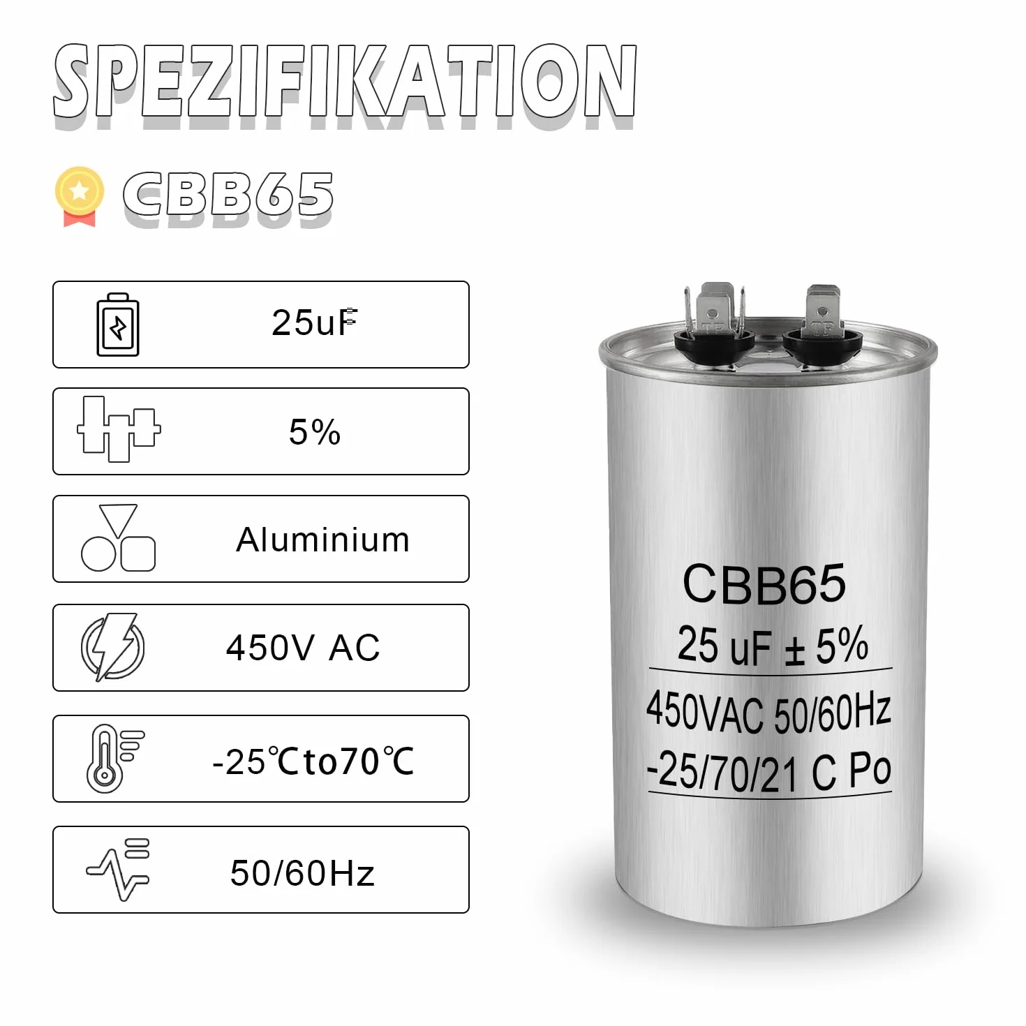 Condensatore motore CBB65 25uF 450V AC 50/60Hz auto-guarigione alloggiamento metallo per aria condizionata