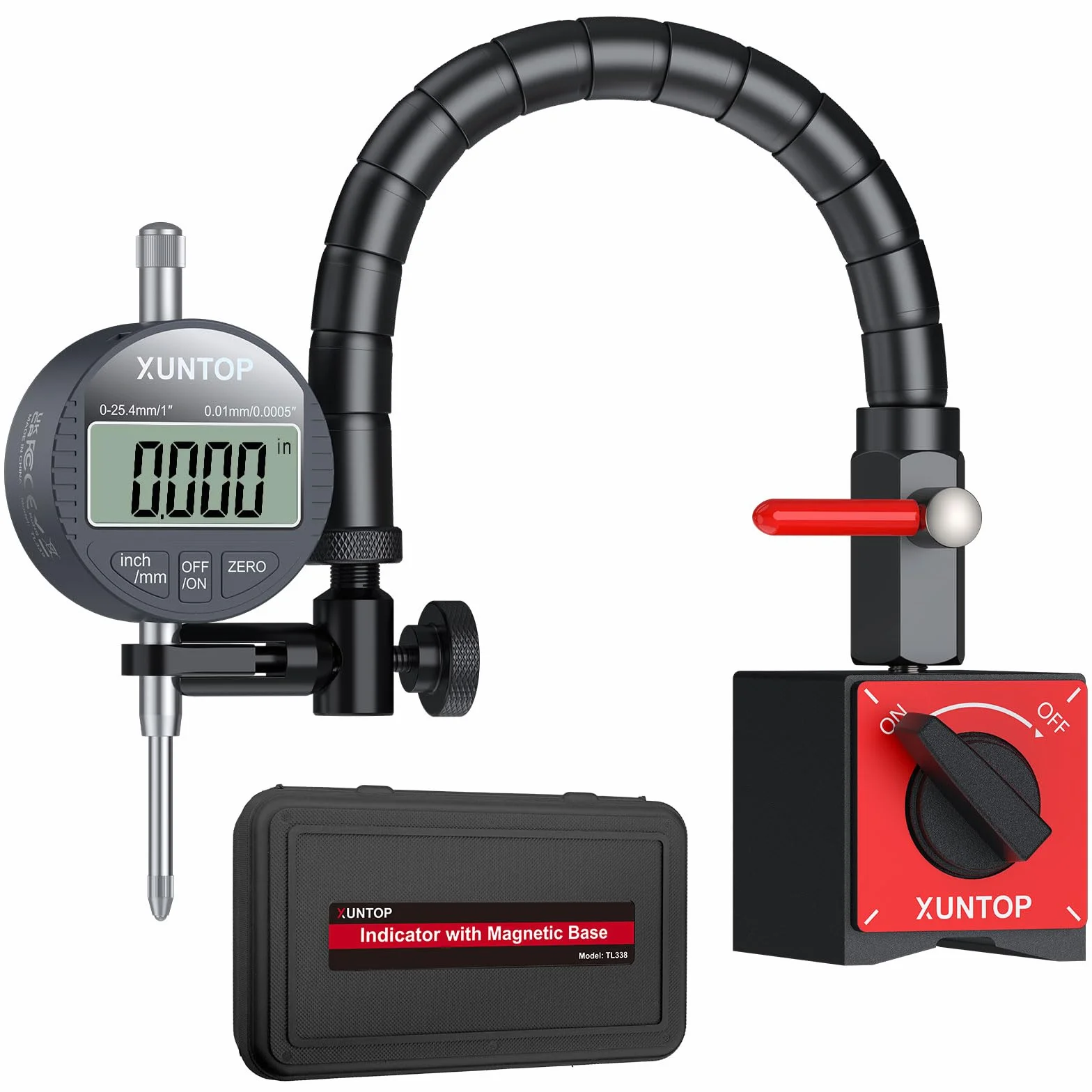 XUNTOP Comparatore Magnetico Digitale, Base Magnetica con Braccio Snake Flessibile da 340mm, Comparatore Professionale 0.01mm/0.0005" Portatile con Display LCD per Officina, Tornio, Fresatrice