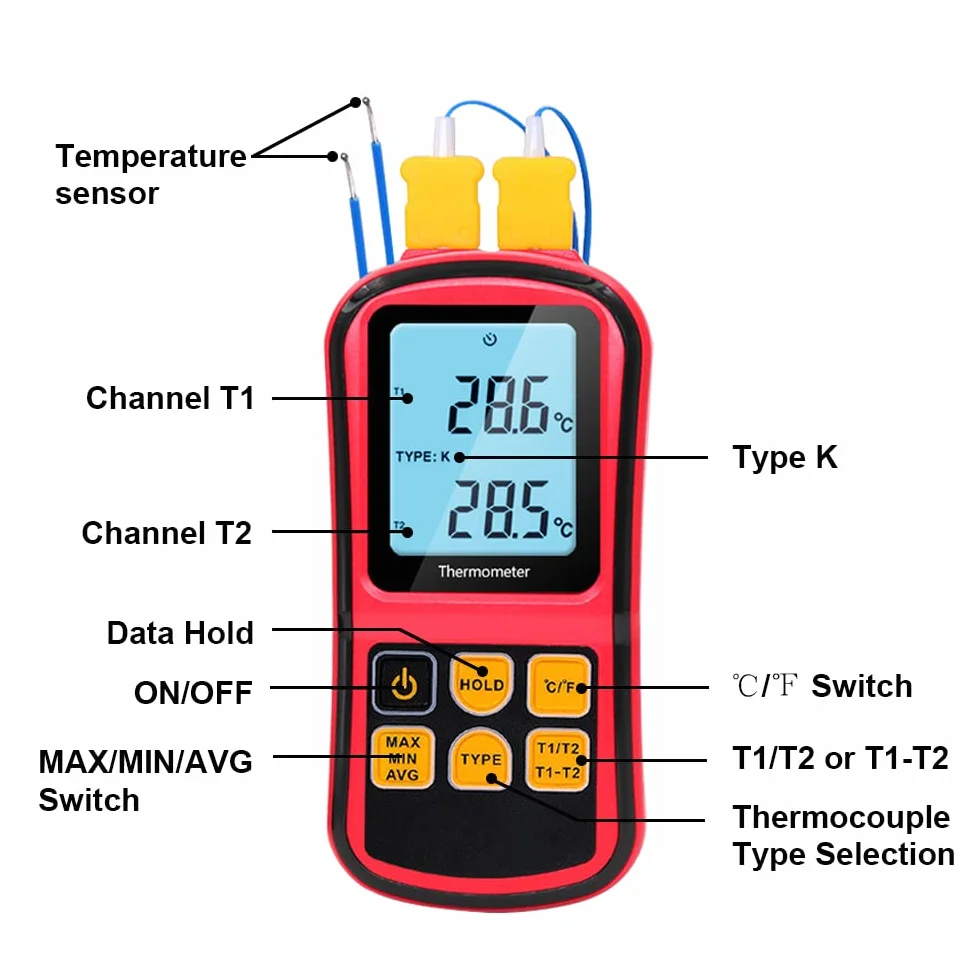 Mengshen Termometro Digitale 2 Canali Tipo K/J/T/E/R/N/S -200°C a 1372°C