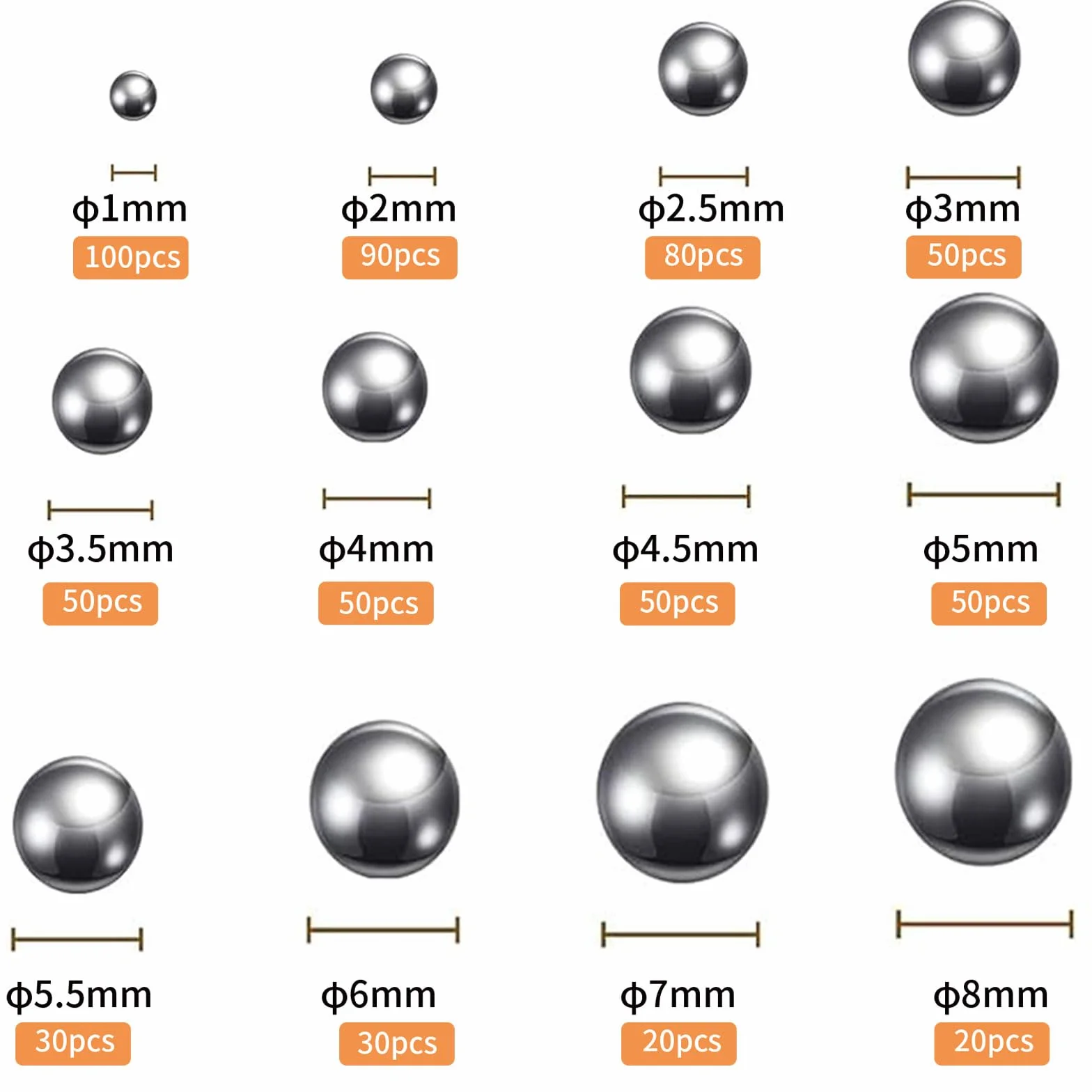 620 Pz Sfere Acciaio Cuscinetto Bici, Sfere Acciaio Inossidabile, Cuscinetti a Sfera in Acciaio, Acciaio Inox Cuscinetti, Per pezzi di ricambio di ruote di bicicletta, 1-8 mm (12 misure)