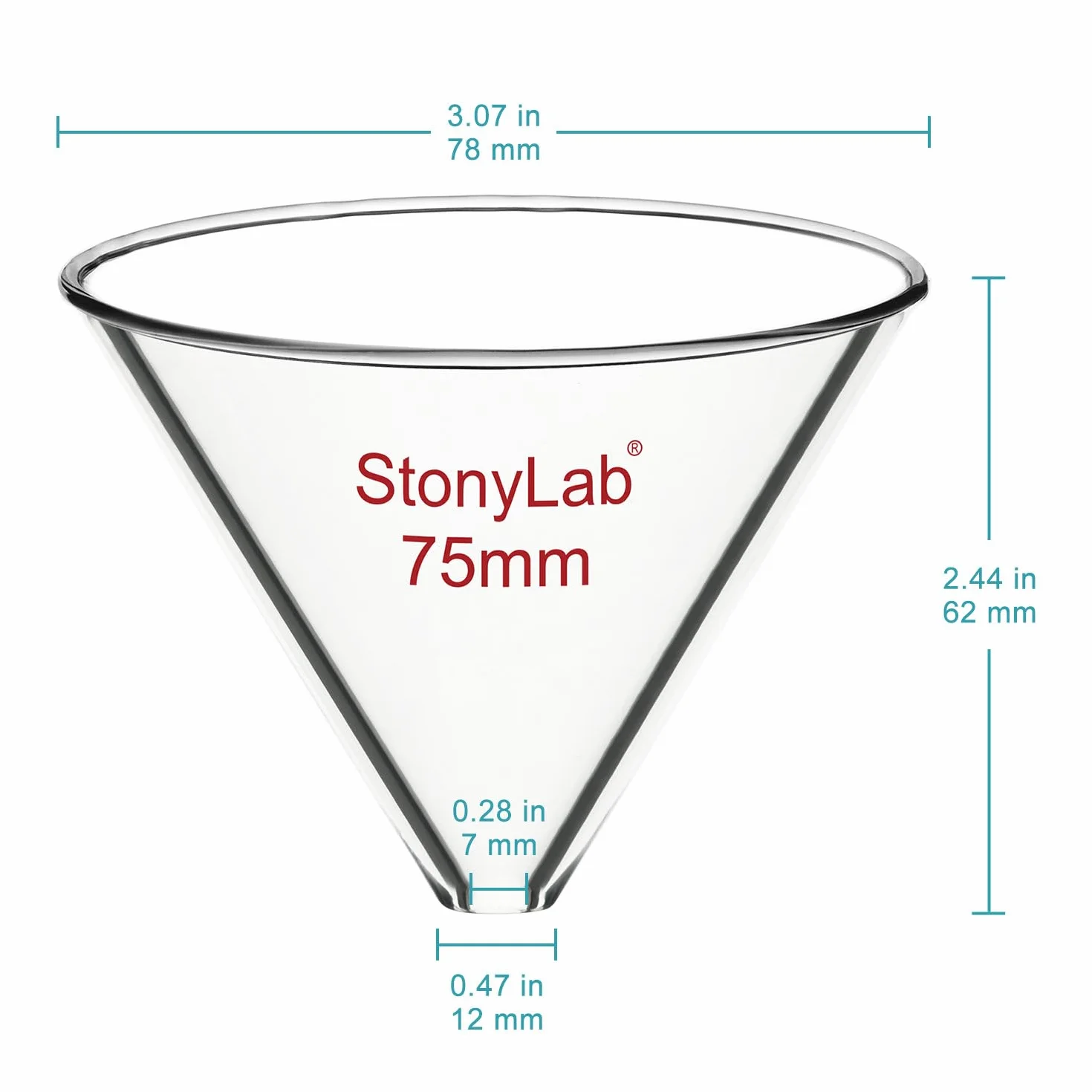 stonylab Imbuto di Vetro, Imbuto Senza Stelo in Vetro Borosilicato Addensato con Diametro Interno di 75 mm per Uso in Laboratorio