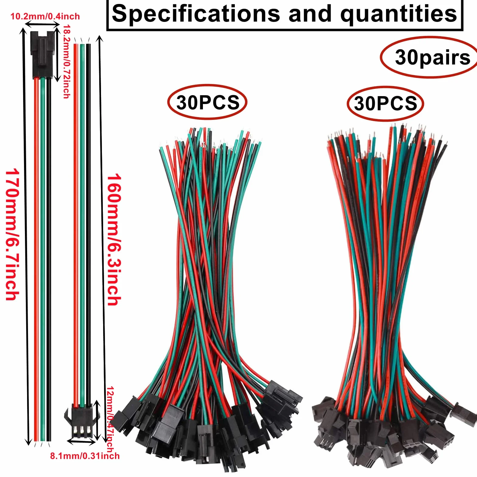 HUAZIZ 30 Pairs 22AWG Maschio/Femmina JST 3 Pin SM connettori Lunghezza Filo 150mm Rosso/Nero/Verde Plug Match Adattatore Cavo Cavo Connessioni