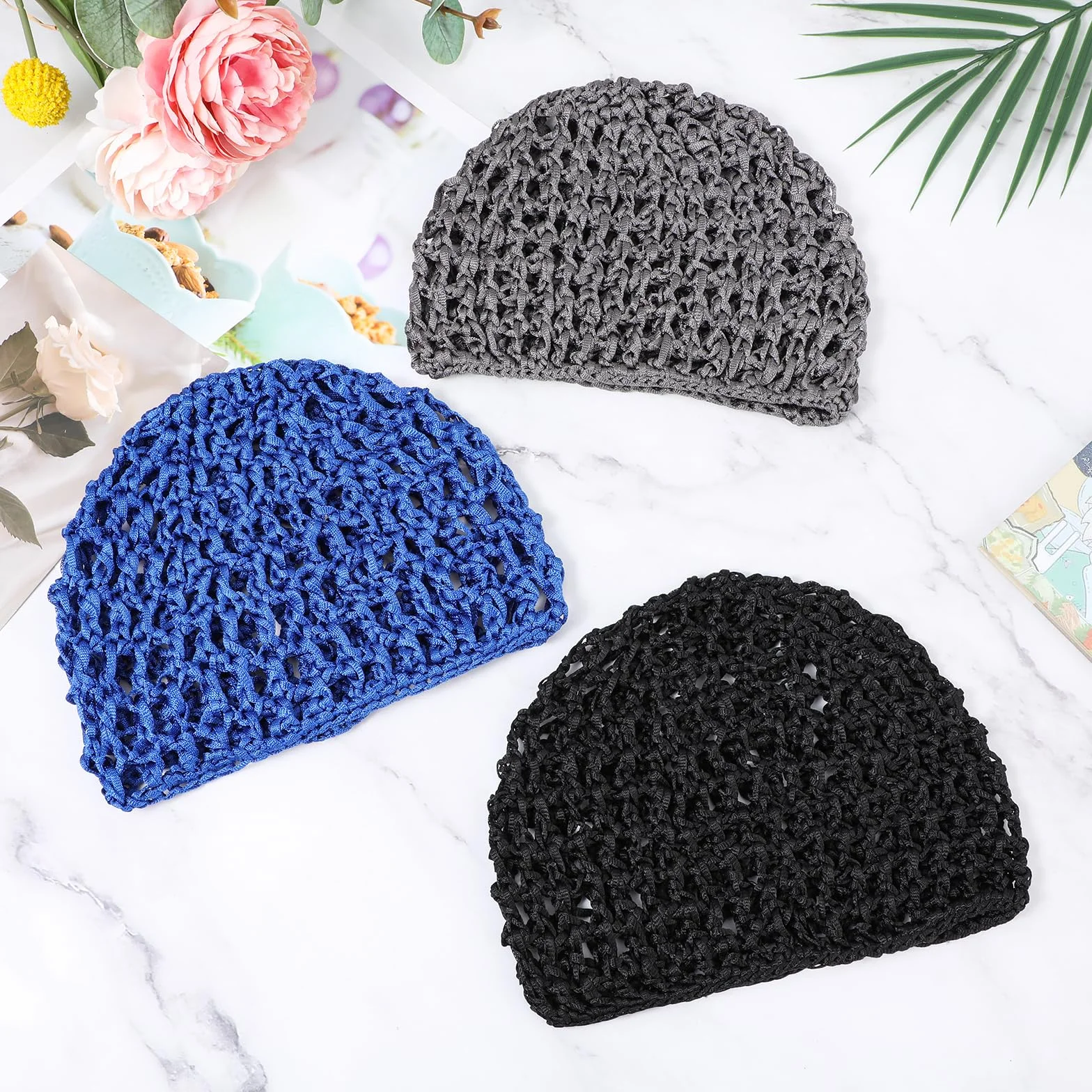 Set di 3 reti per capelli corti da donna riutilizzabili cuffia da doccia a maglia