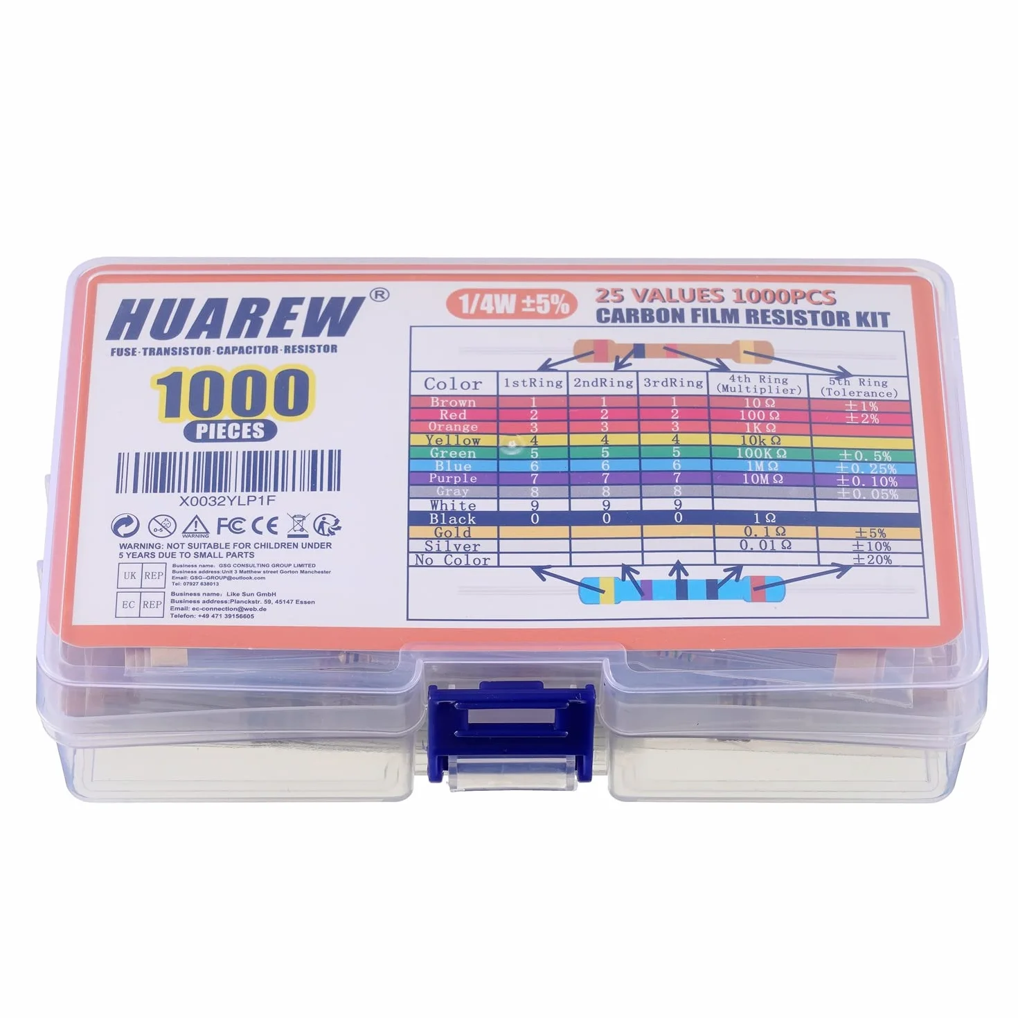 Zestaw 1000 sztuk rezystorów węglowych 1/4W 1 Ohm-1M Ohm 5% 25 wartości