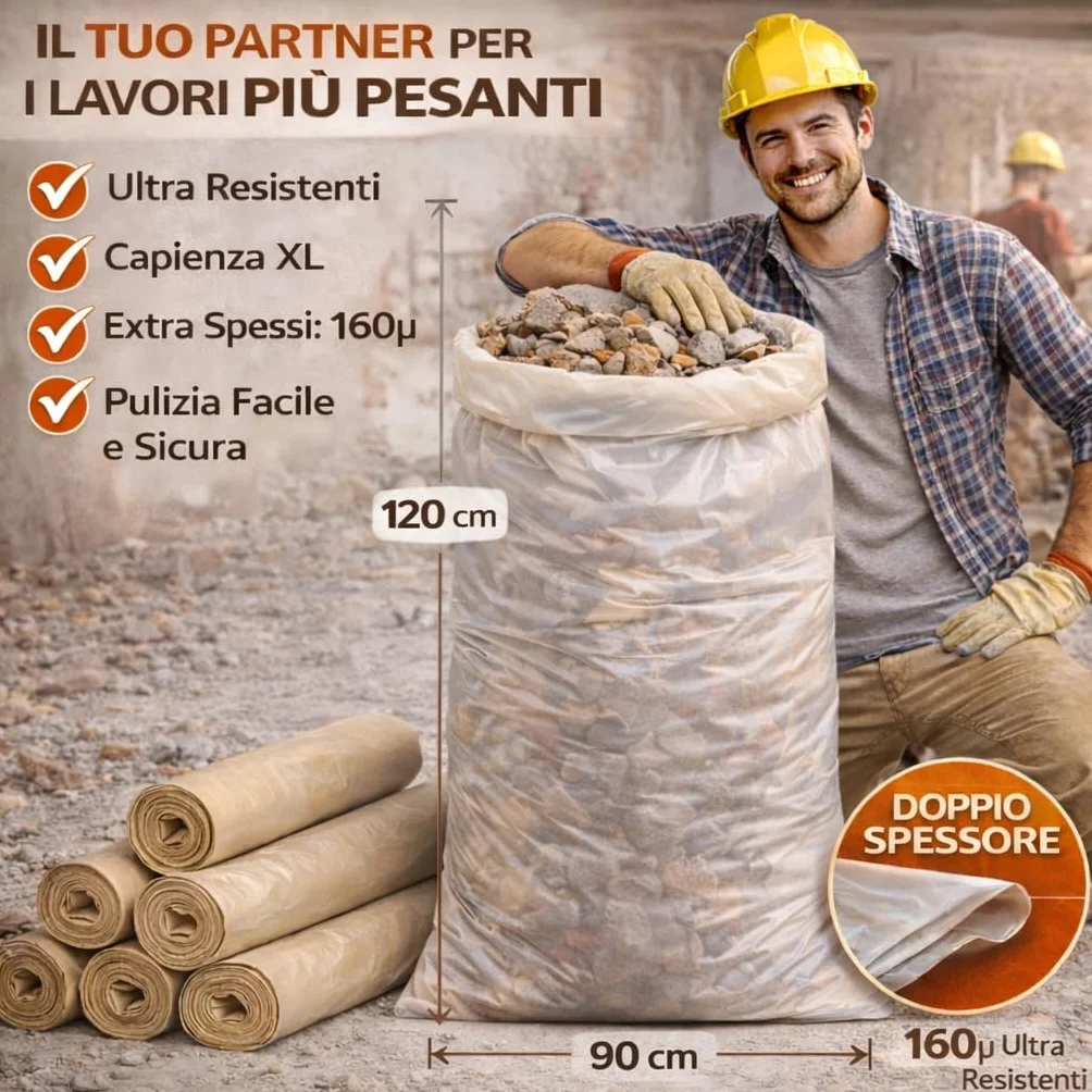 Sacchi per Macerie 90x120 AMBRA, Resistenti in Plastica - Sacchetti per Calcinacci, Detriti, Rifiuti Edili Robusti