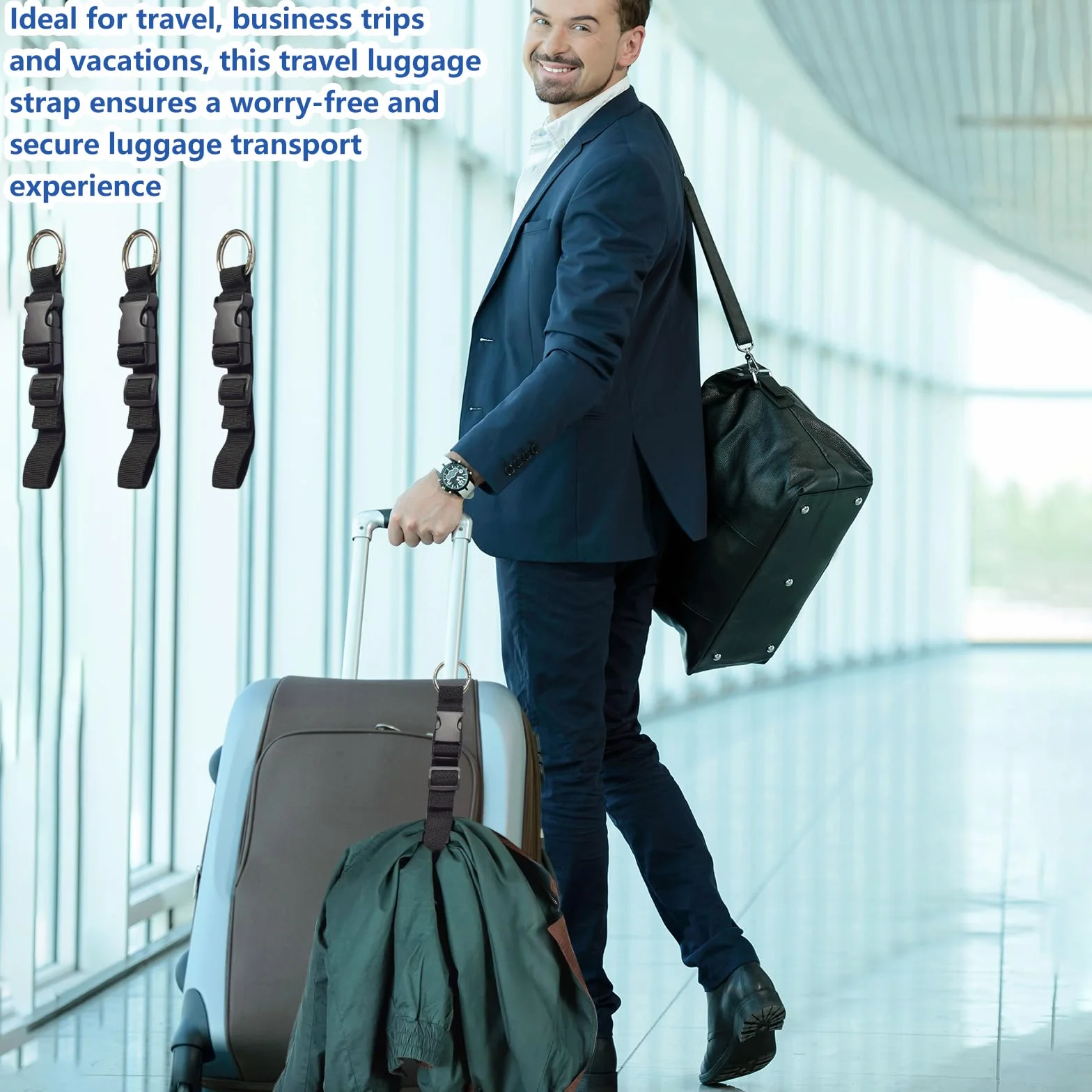 Cinghie per Bagagli 3 Pezzi Regolabili in Nylon con Moschettone e Fibbia Robusta, Accessorio da Viaggio per Valigia e Zaino, Nero, Facile Fissaggio per Trasporto Sicuro