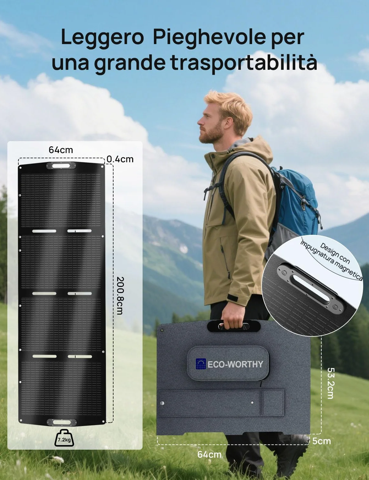 ECO-WORTHY Pannello Solare Portatile 200W, XT60, Rack in un Unico Pezzo, ETFE, Silicio Monocristallino, Fino al 23% di Efficienza per Stazioni di Alimentazione, RV, Esterni, Campeggi, Giardini