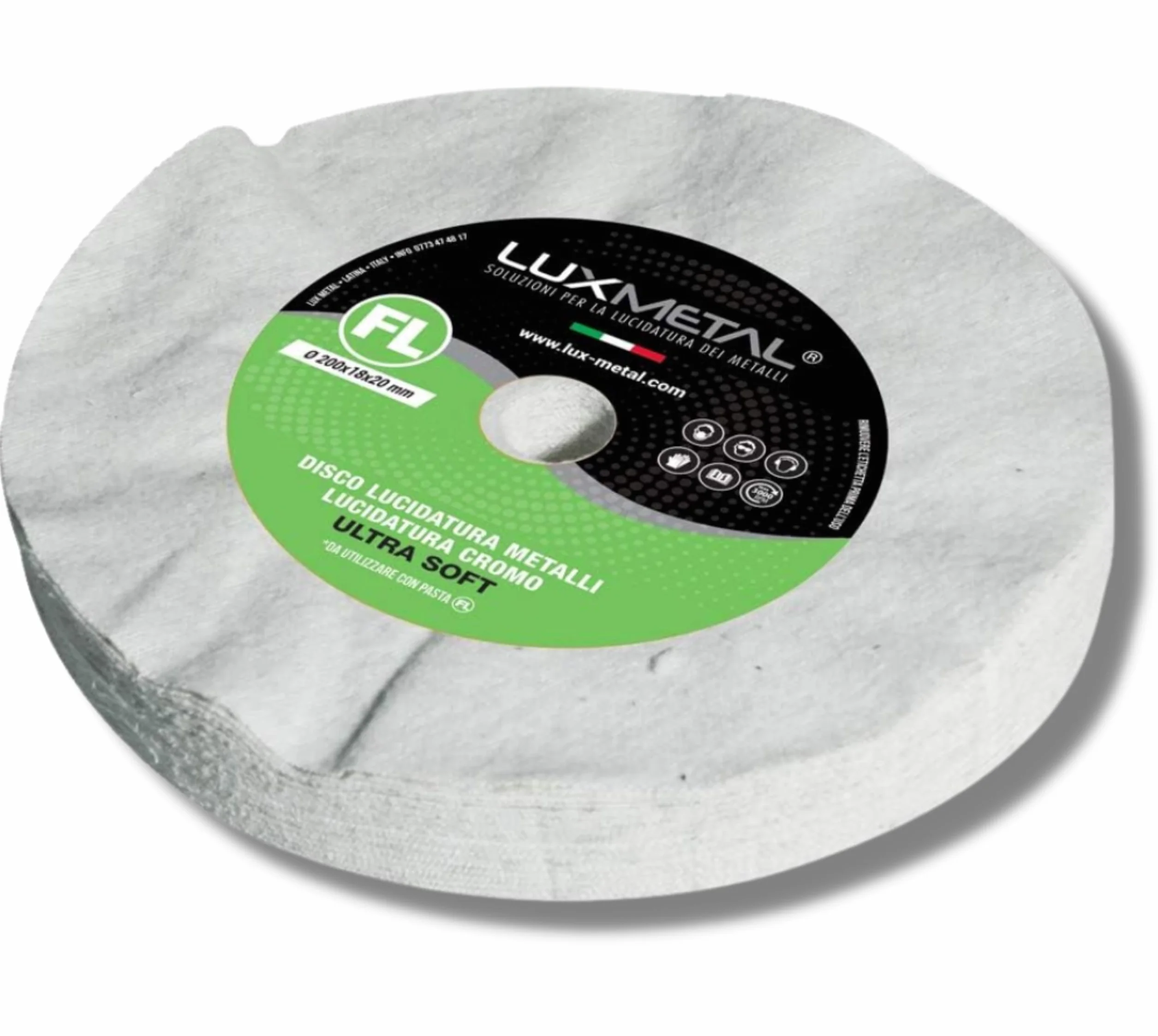 Lux Metal Disco Lucidatura Ultra Soft 200 mm In Cotone Flanella Dischi Per Lucidare A Specchio Alluminio Cromature Metalli Acciaio Inox Ruota Lucidante Mola Ottone Rame Legno Marmo Plexiglass Argento