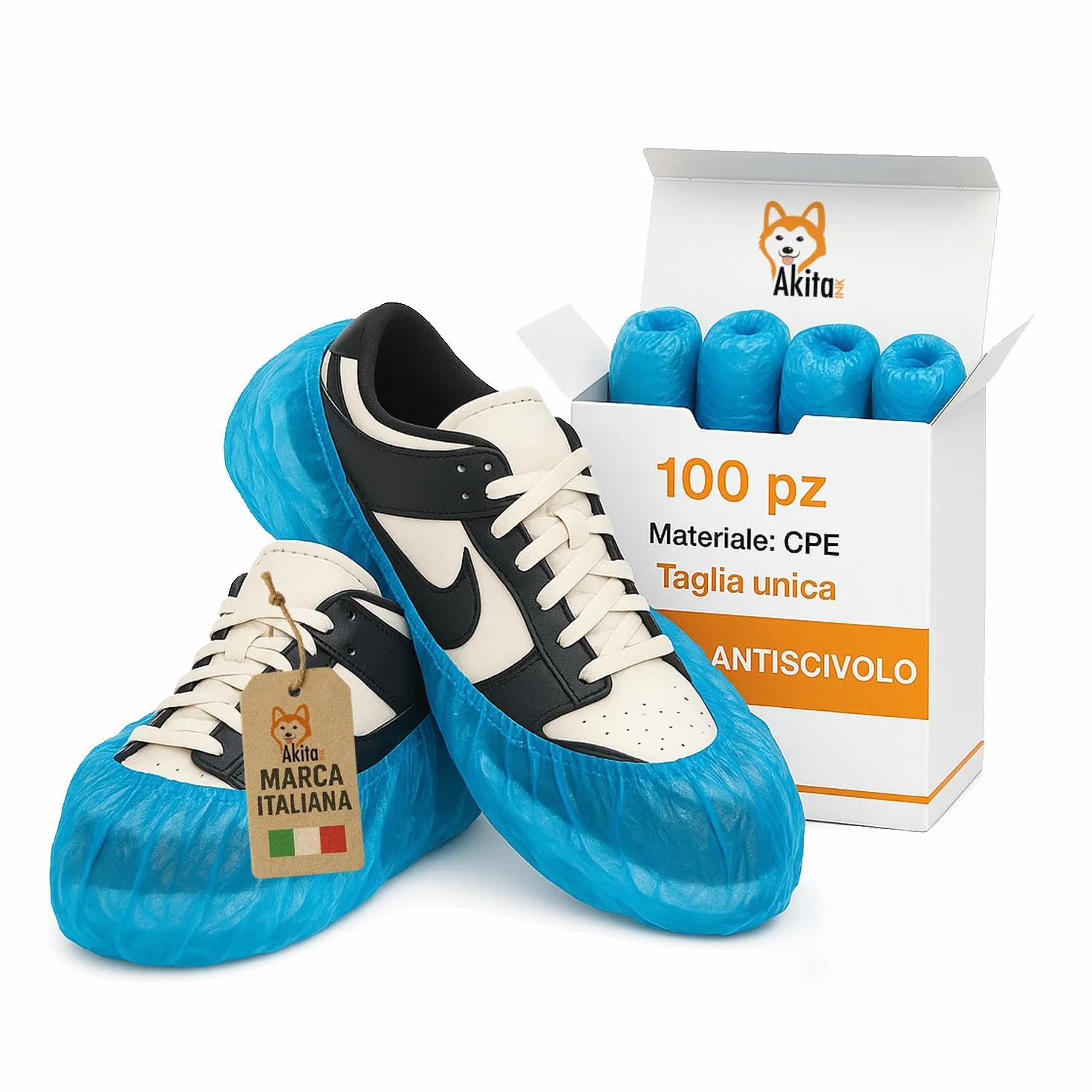 Copriscarpe Monouso in CPE AKITAInk – Blu, Suola Goffrata, Taglia Unica Fino al 48, Impermeabili, DPI per Pulizia