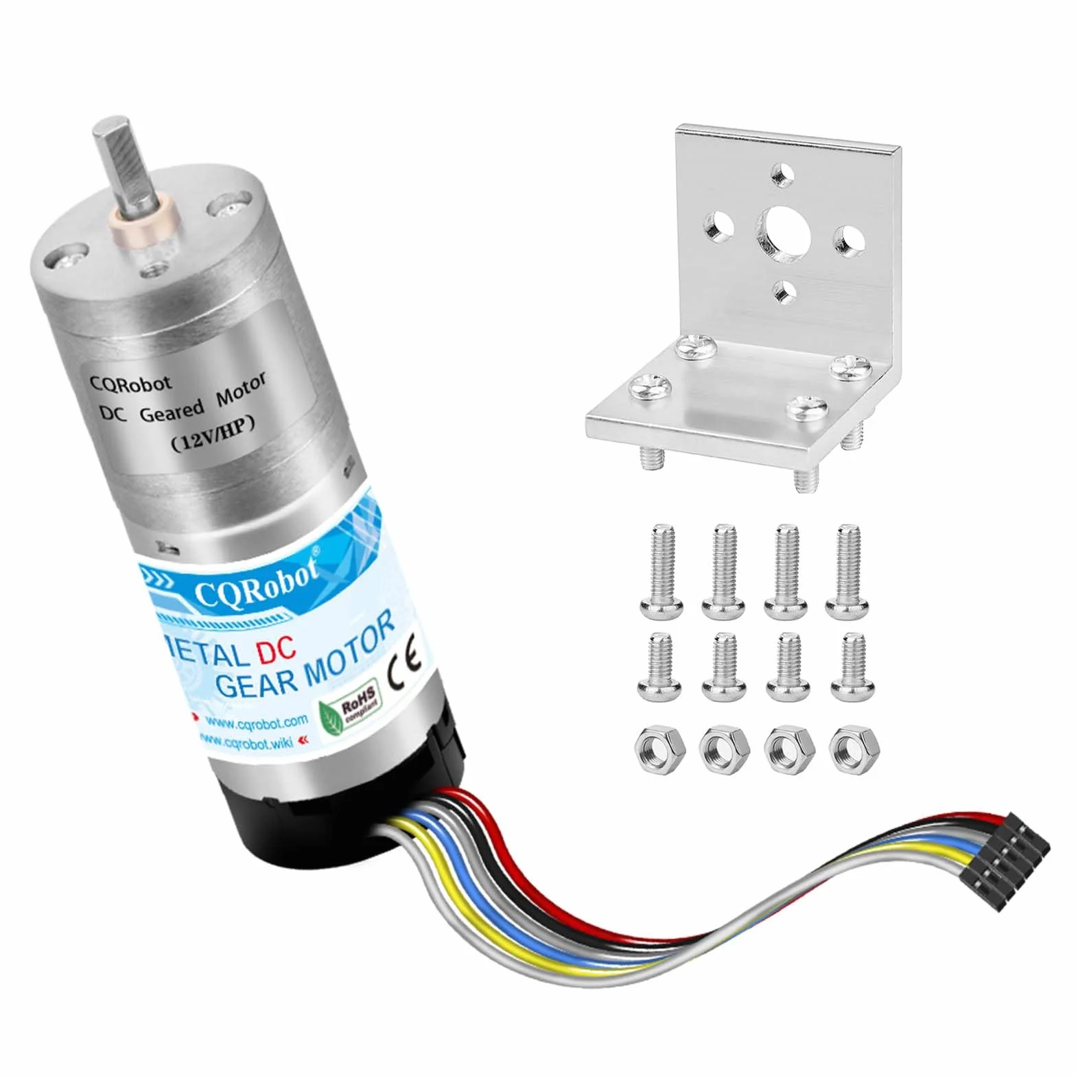 CQRobot 9.68:1 HP Metal DC Geared-Down Motor 25Dx62.5L mm 12W/12V with 48 CPR Encoder and Fix Bracket. 1030 RPM/3.2 kg.cm (44 oz.in), D-Shaped Output Shaft 4 mm/12.5 mm (Diameter/Length).