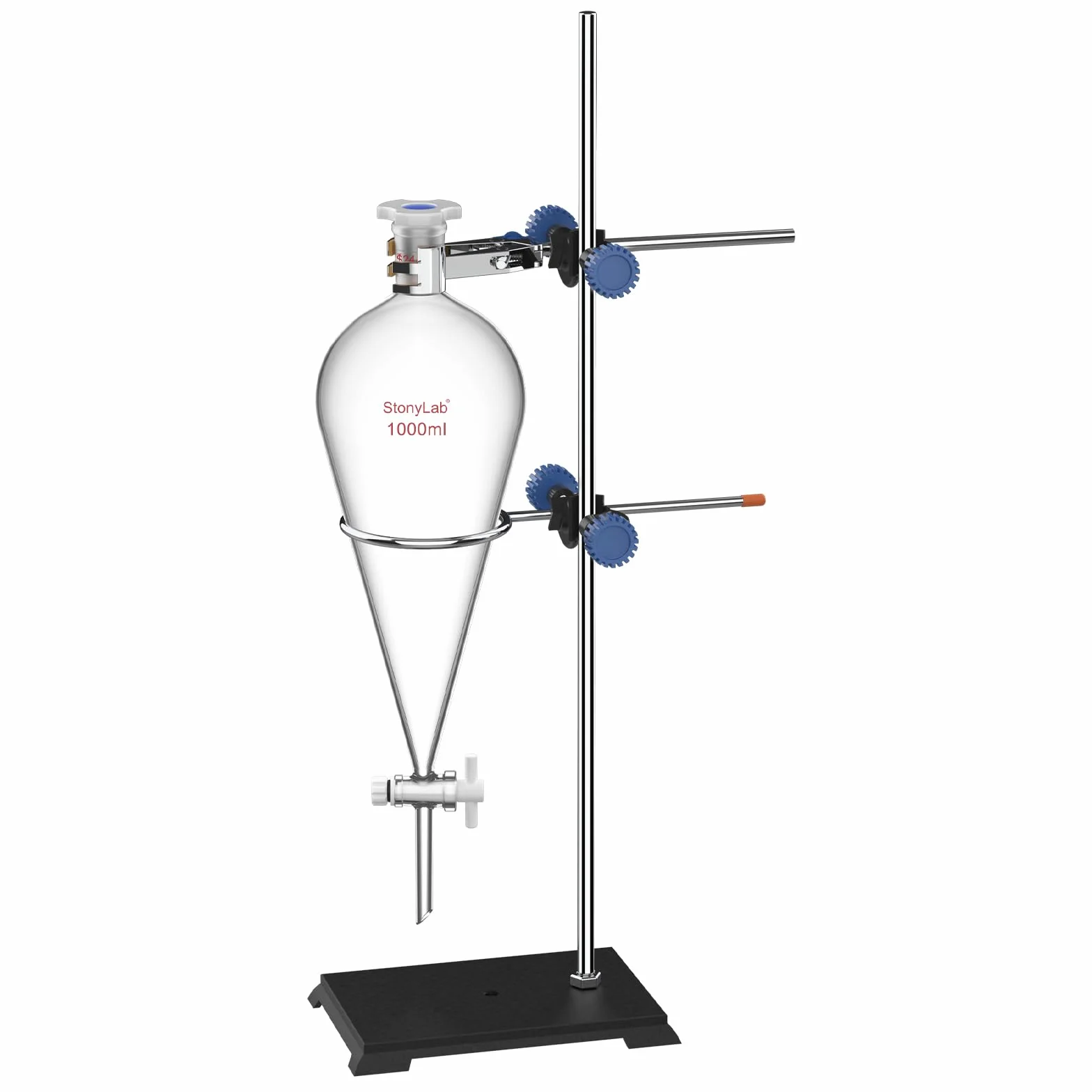 stonylab Imbuto Separatore in Vetro Borosilicato con Supporto da Laboratorio, Capacità 1000 ml, Giunto 24/40 e Rubinetto in PTFE per Estrazione per Titolazione