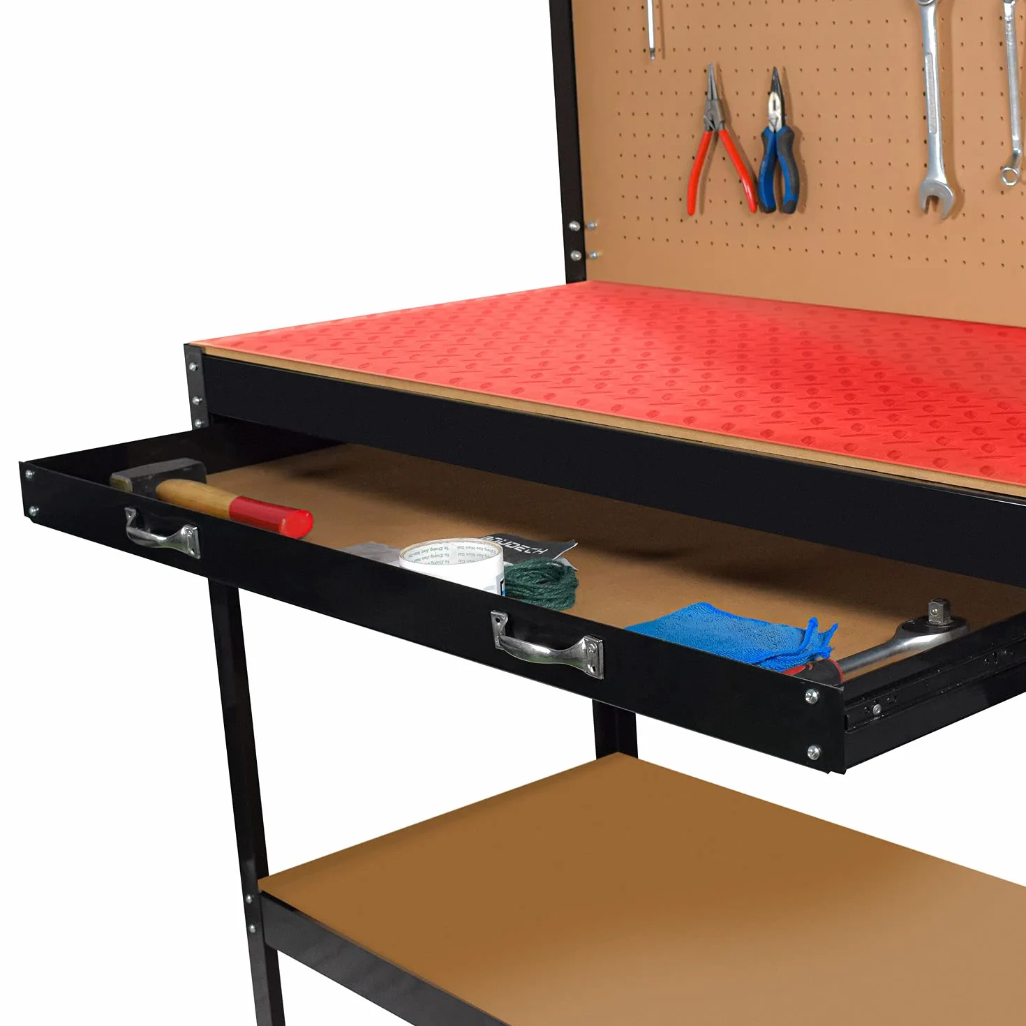 Banco da Lavoro con piano da 120x60cm, parete forata e ganci universali per attrezzi + 1 cassetto porta utensili + 2 mensole