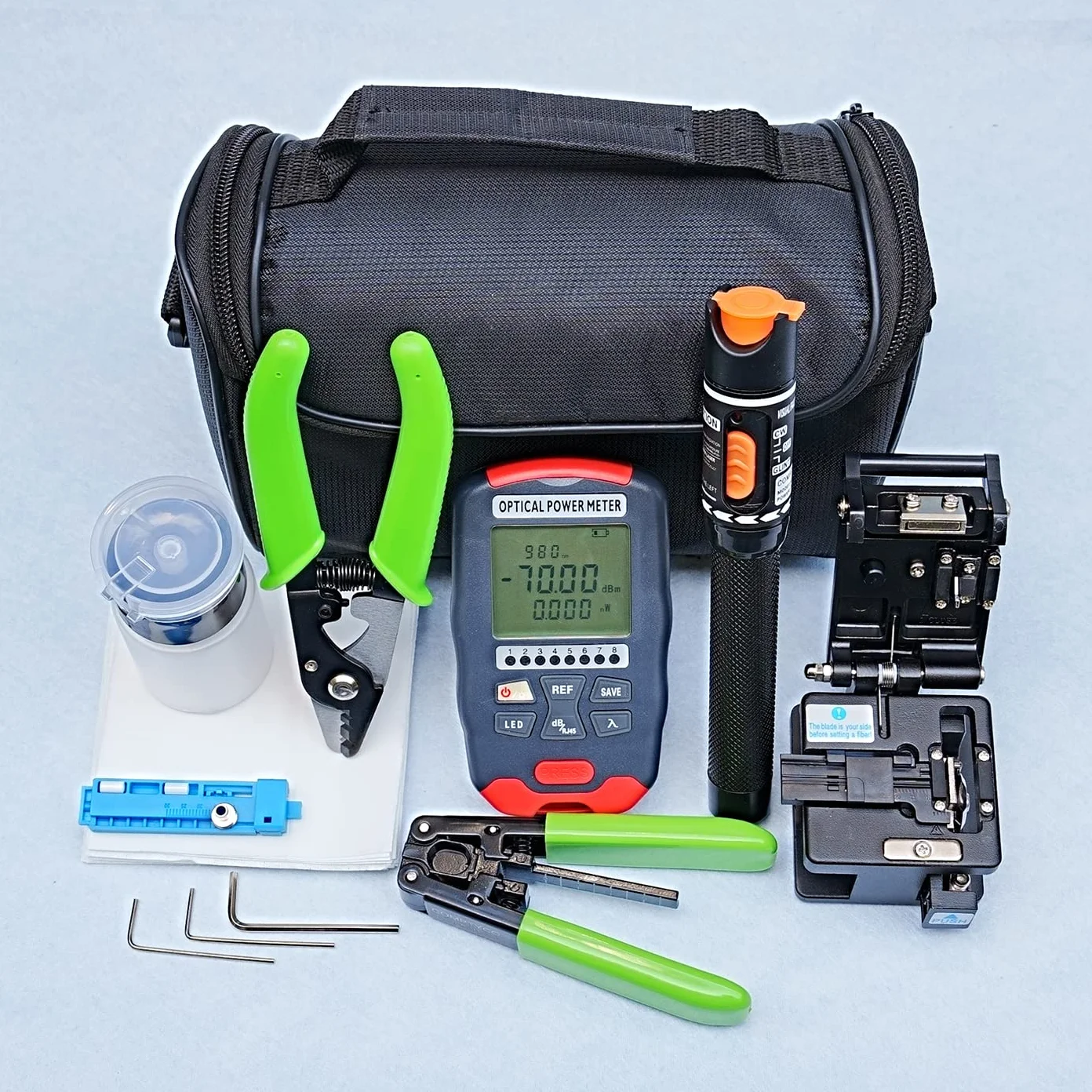 FTTH Tool Kit Fibra Ottica, Kit di Strumenti in Fibra Ottica con misuratore di potenza ottica con test di rete RJ45 localizzatore visivo di guasti pinza per fibre spelacchiate