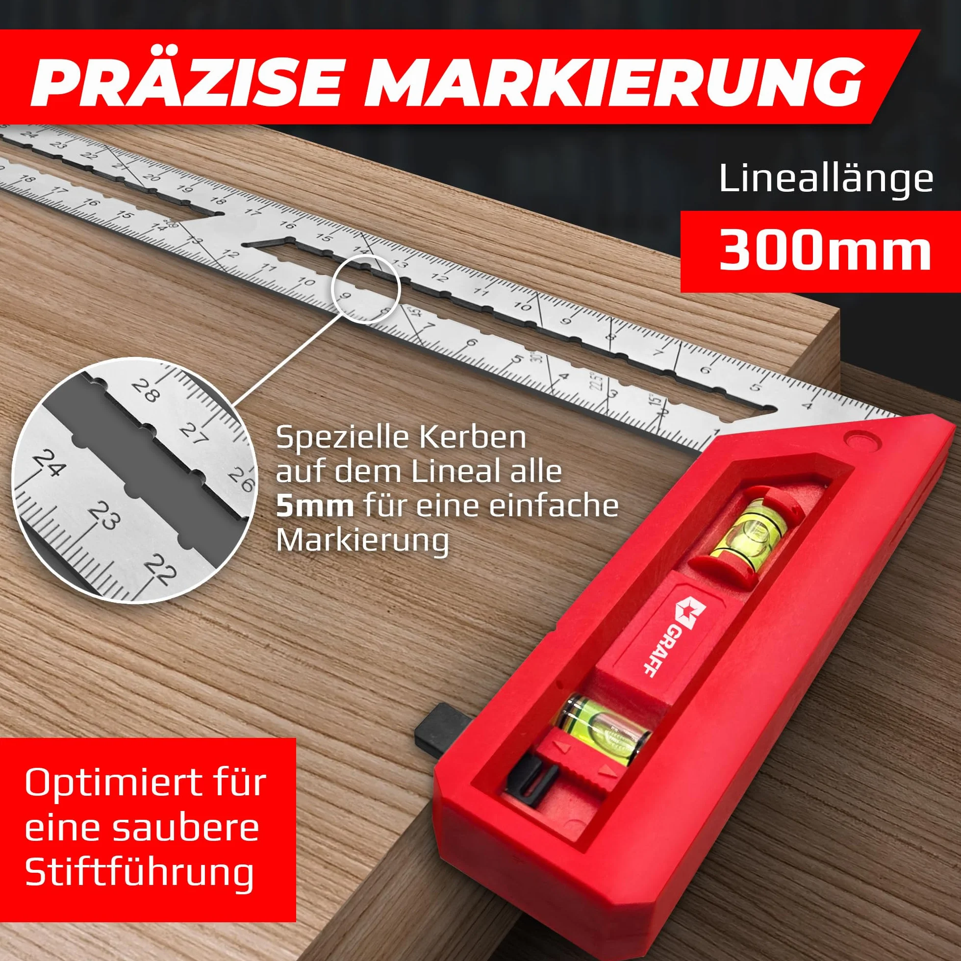GRAFF Squadra da falegname 300 mm 90°/45° doppia livella a bolla acciaio inox