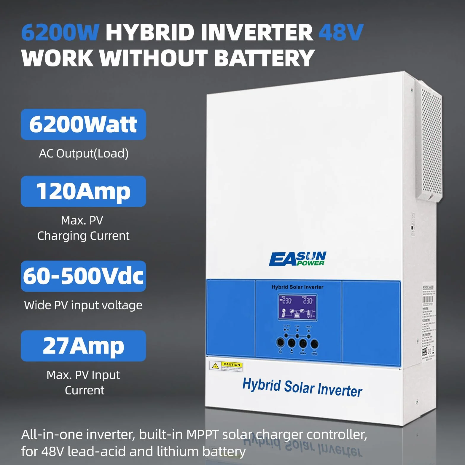 POWLAND 6,2KW Inverter solare ibrido, funziona senza batteria, indipendente da rete Inverter onda sinusoidale pura, Uscita 230V, PV 60-500Vdc, per batterie da 48V, funzione parallela, con Modulo WiFi