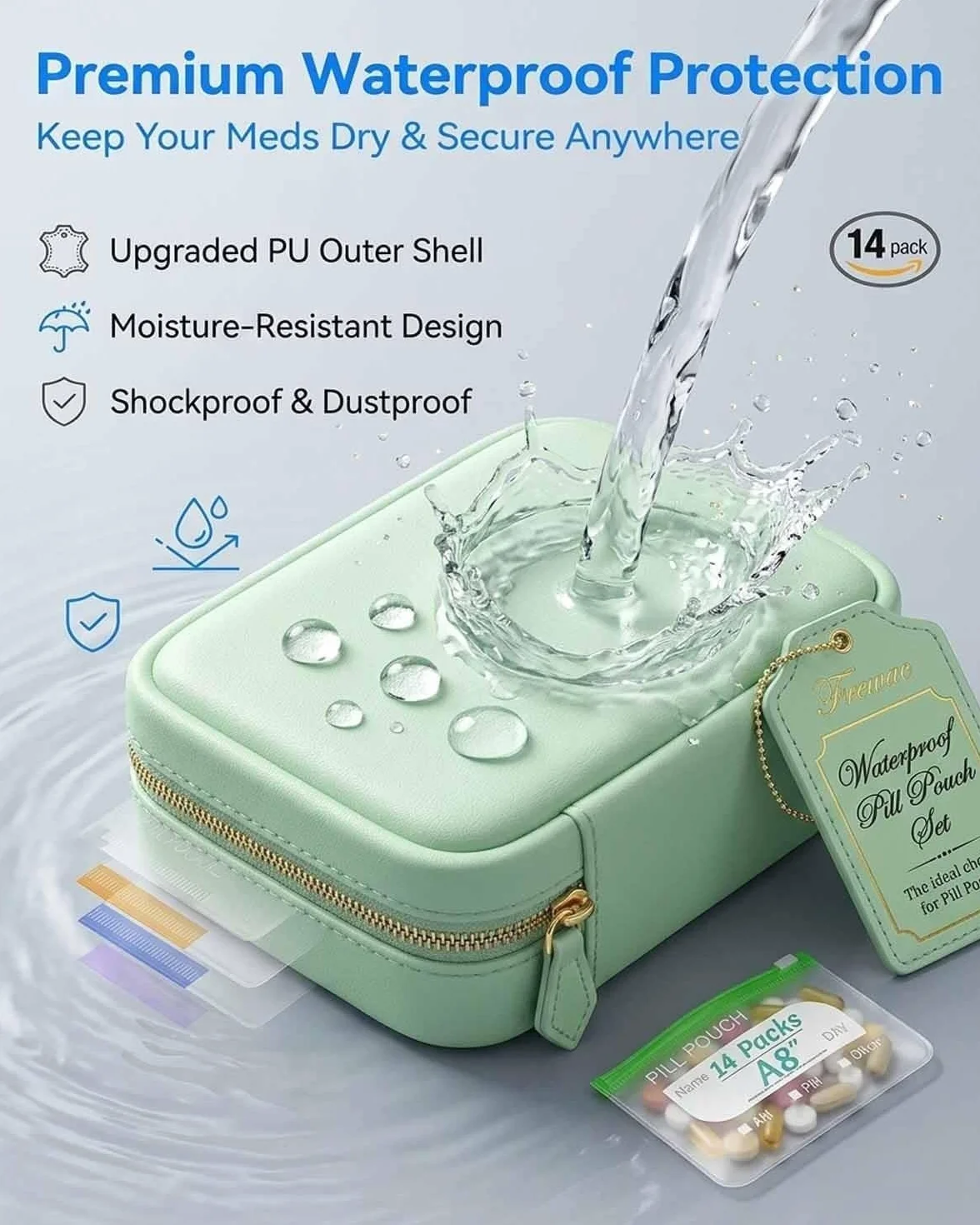 Waterproof Pill Organizer Set 14-Piece Travel Medicine Case Crush-Resistant Zippered Pouch
