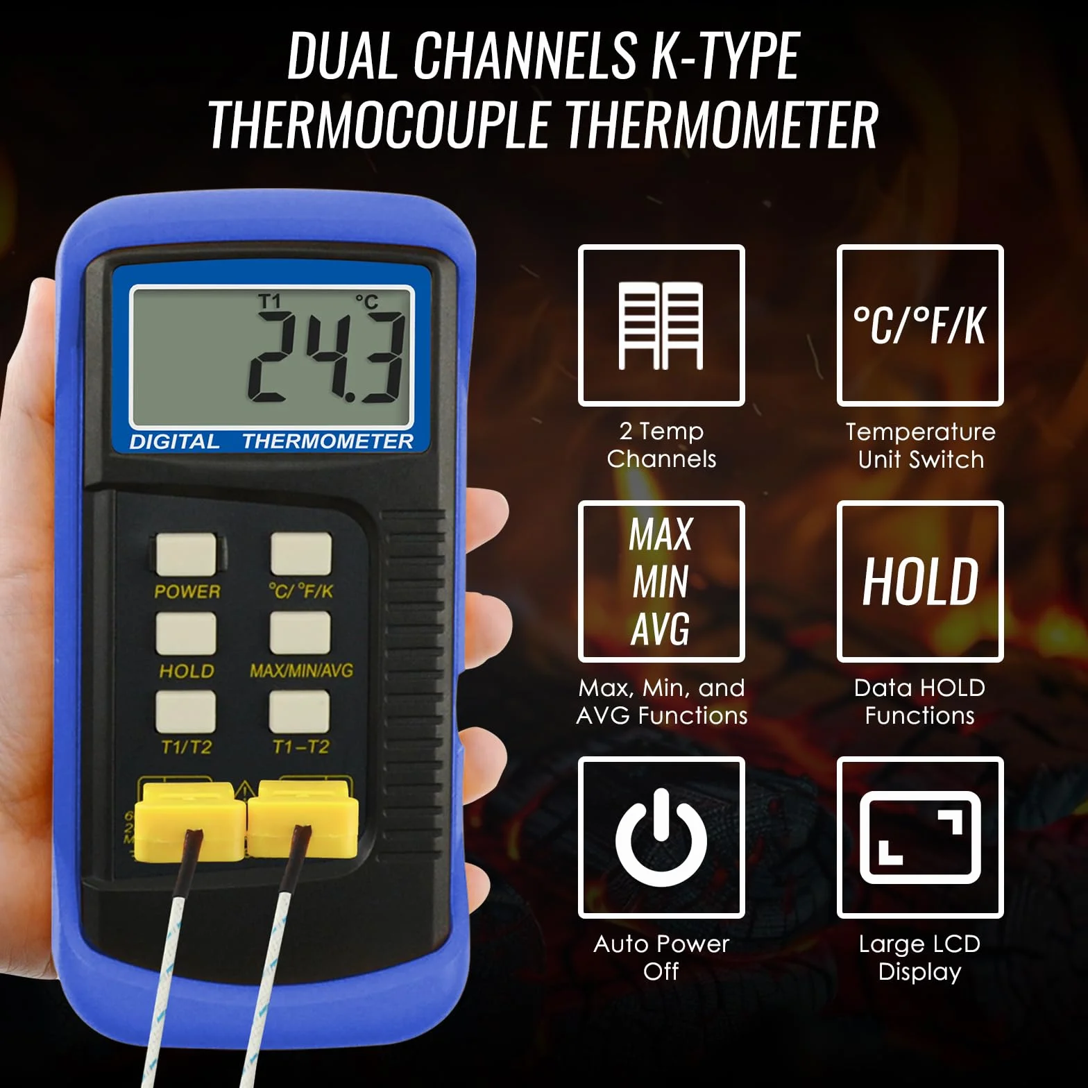 Alta Precisione Digitale Tipo K Termocoppia Termometro (-50~1300°C) con Doppio Canale 4 Sonde (Cablata & Acciaio Inossidabile) Palmare Alta Temperatura Scala Kelvin Metro Tester