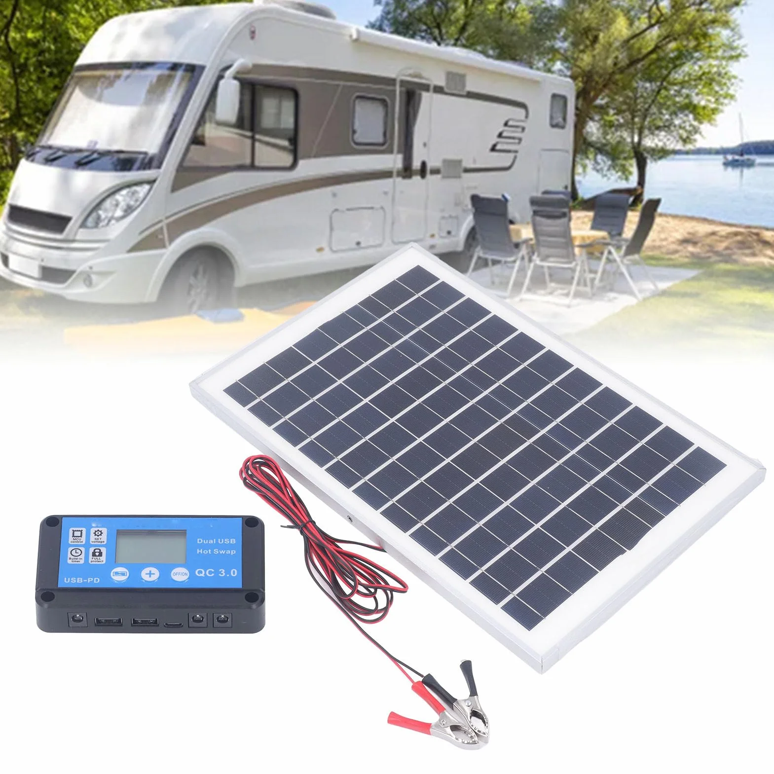 Kit Pannello Solare Auto, Kit Camper Batteria a Litio Caricatore e Pannello Solare 50W 18V con Regolatore di Carica Impermeabile Mppt Morsetto Batteria da 3 Metri, per Camper Rimorchio Barca