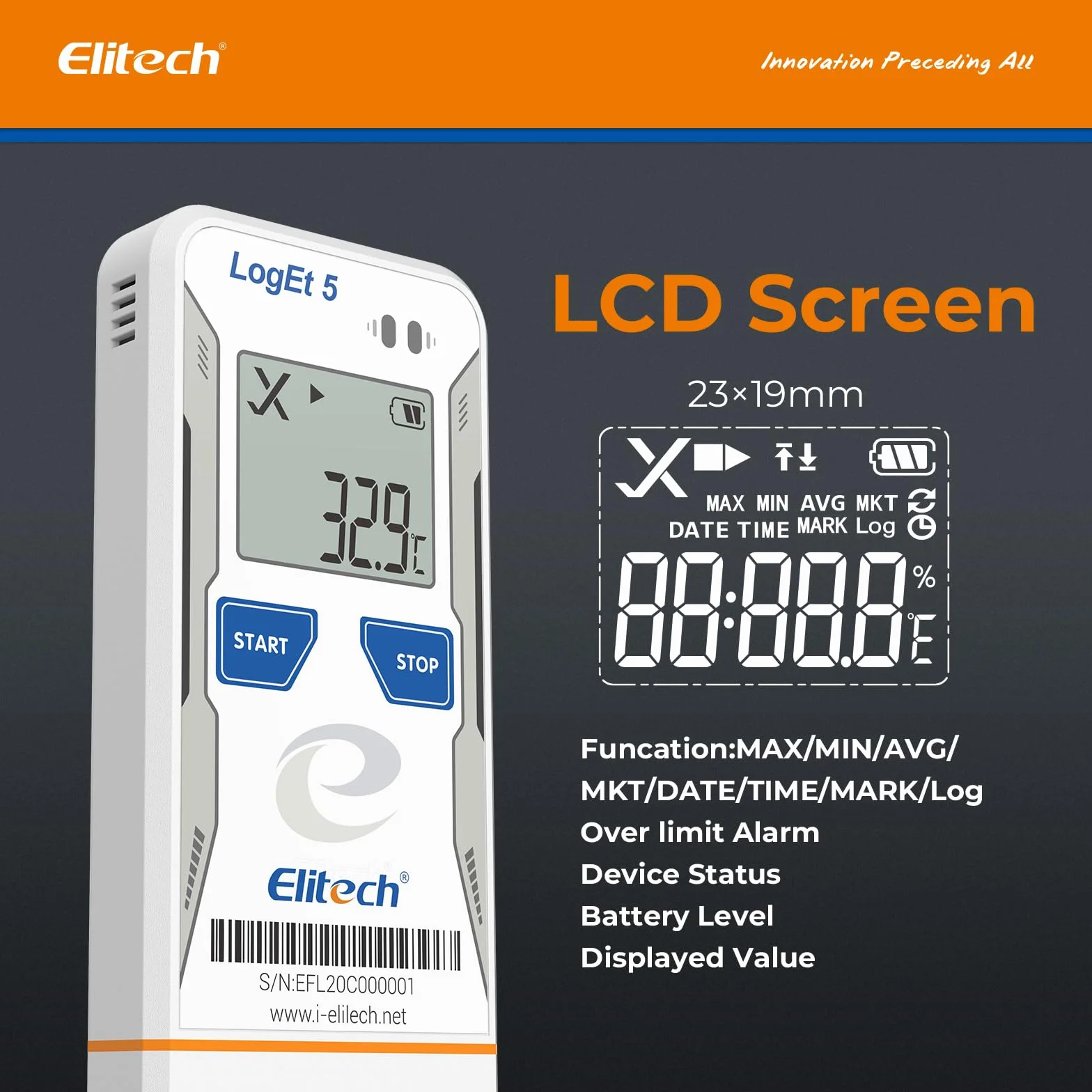 Elitech LogEt5TH Registratore Dati Digitale di Umidità della Temperatura USB 32000 Punti Rapporto PDF CSV