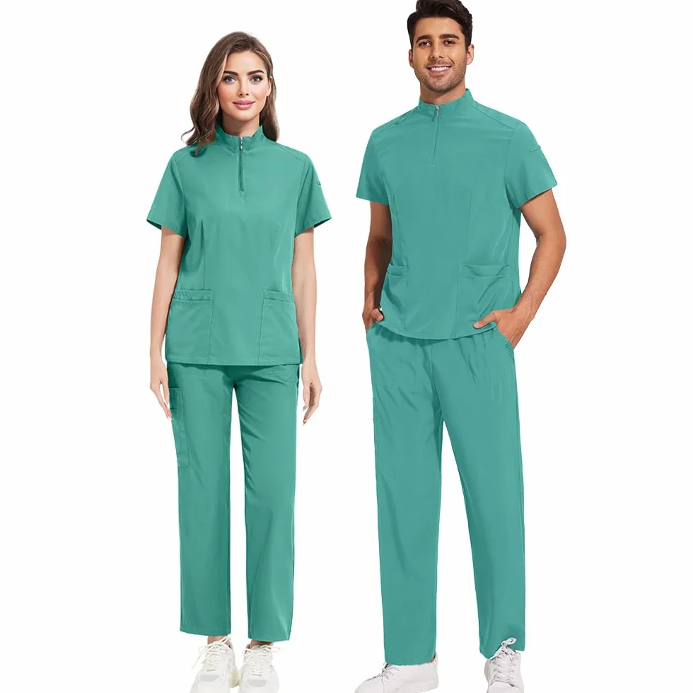 Unisex Scrub Medico Set DK50 Poliestere Cerniera Collo Top Pantaloni Elasticizzati 4 Tasche Traspirante