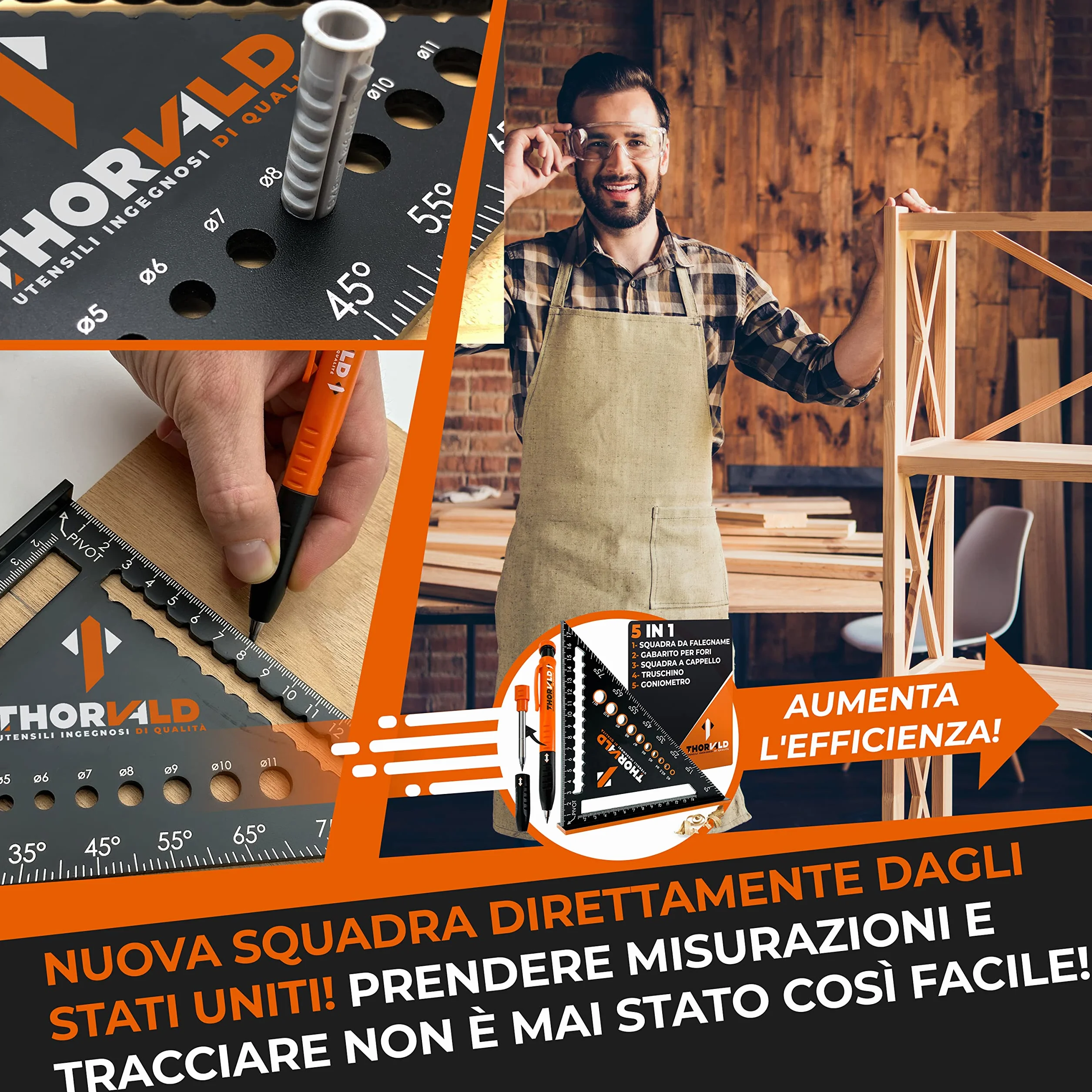 THORVALD Squadra da Falegname Multifunzione 180 mm Goniometro Angoli 45-90° Righello Trusquino
