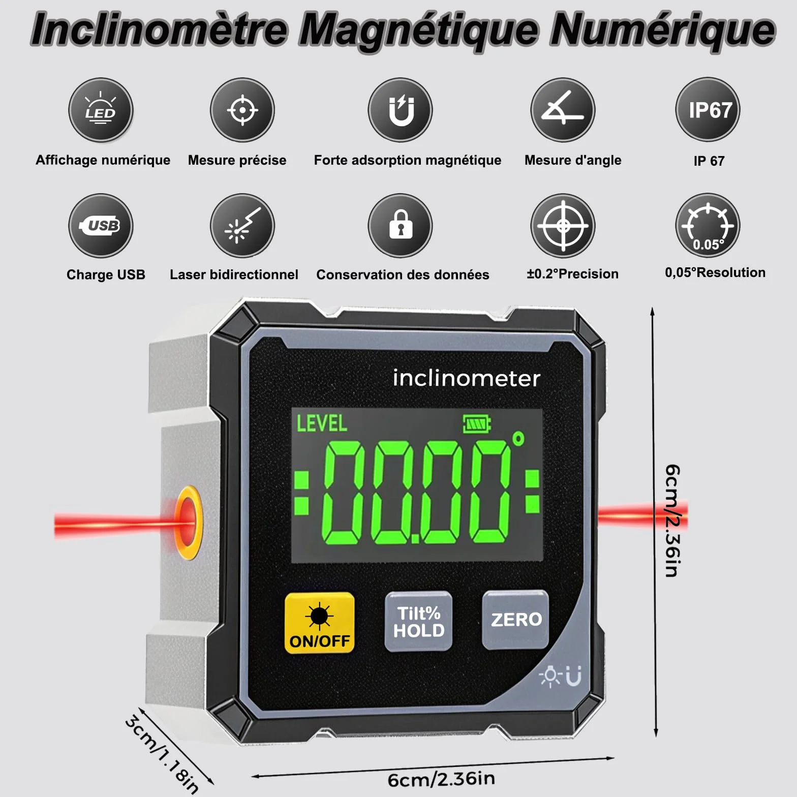 Magnetic Digital Angle Finder con Laser Elettronico, Livella Digitale, Inclinometro Digitale Ricaricabile, Goniometro Digitale con 4 Lati Magnetici, Inclinometro a 360 °, LCD Retroilluminato