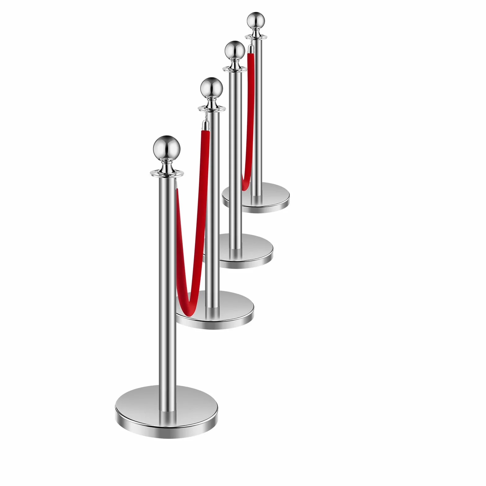 VEVOR Paletto di Sostegno Set di 4 Barriere Controllo Folla Corde Velluto Rosso Acciaio Inox 1,5 m Base Cava