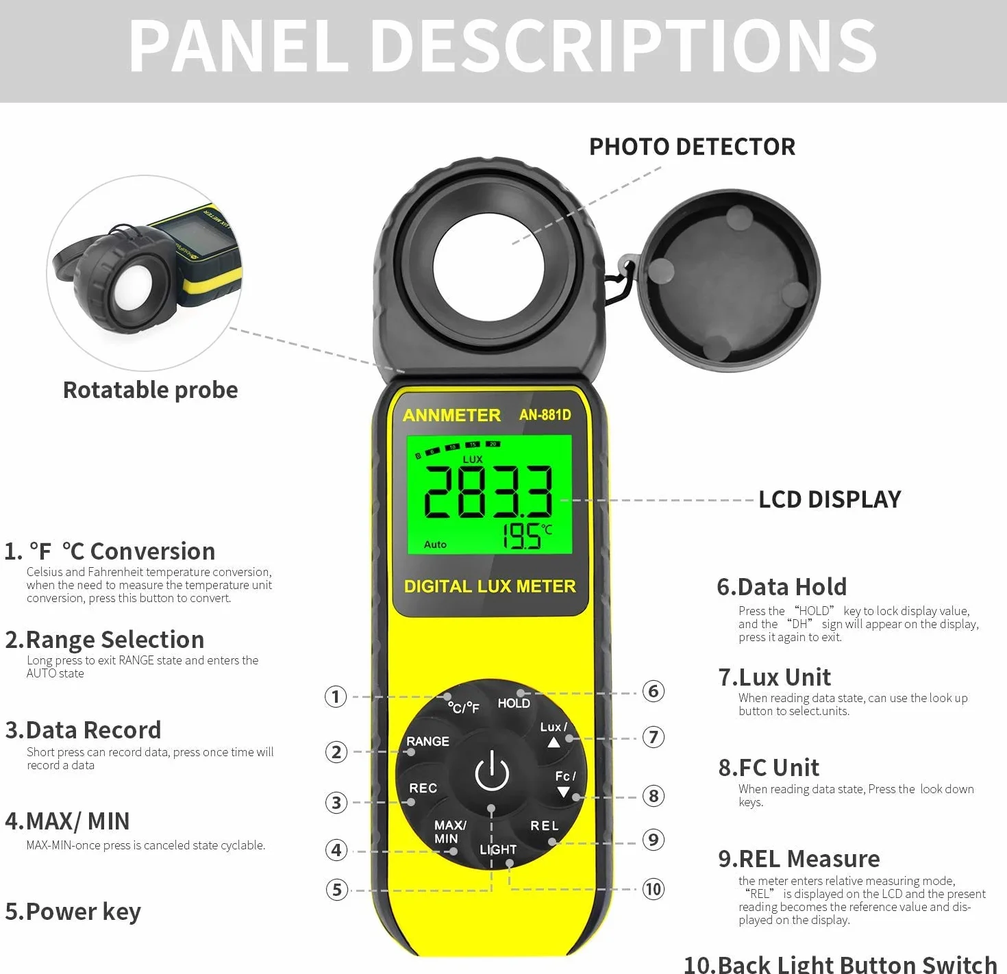 AIOMEST Luxmetro Digitale Portatile, Rilevatore di 0,01~400.000 Lux Rotante, Misuratore di Illuminamento a 270° per Luce di Crescita Delle Piante, Luci esterne per Interni, Acquario, AI-881D, Giallo