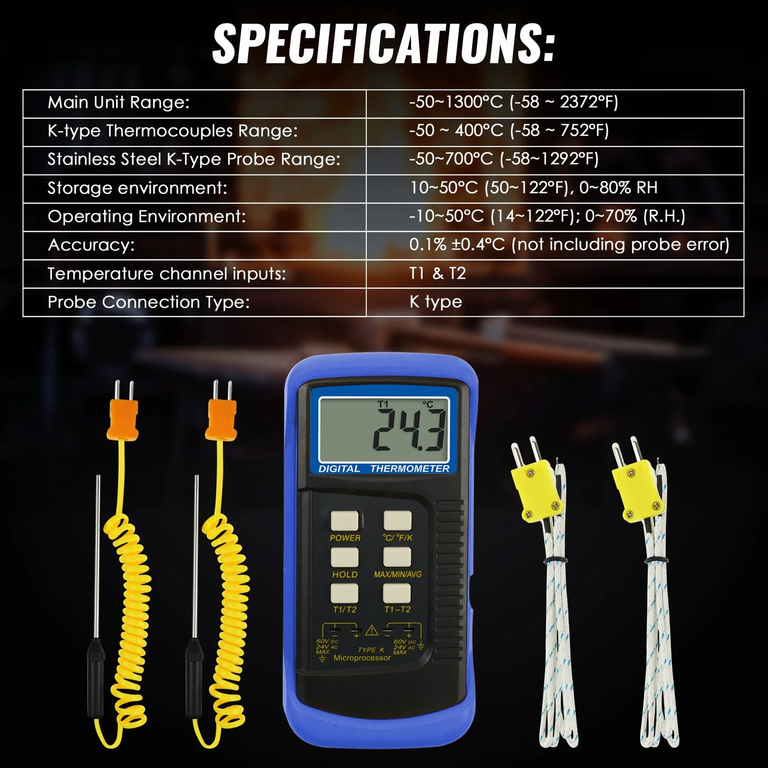 Alta Precisione Digitale Tipo K Termocoppia Termometro (-50~1300°C) con Doppio Canale 4 Sonde (Cablata & Acciaio Inossidabile) Palmare Alta Temperatura Scala Kelvin Metro Tester