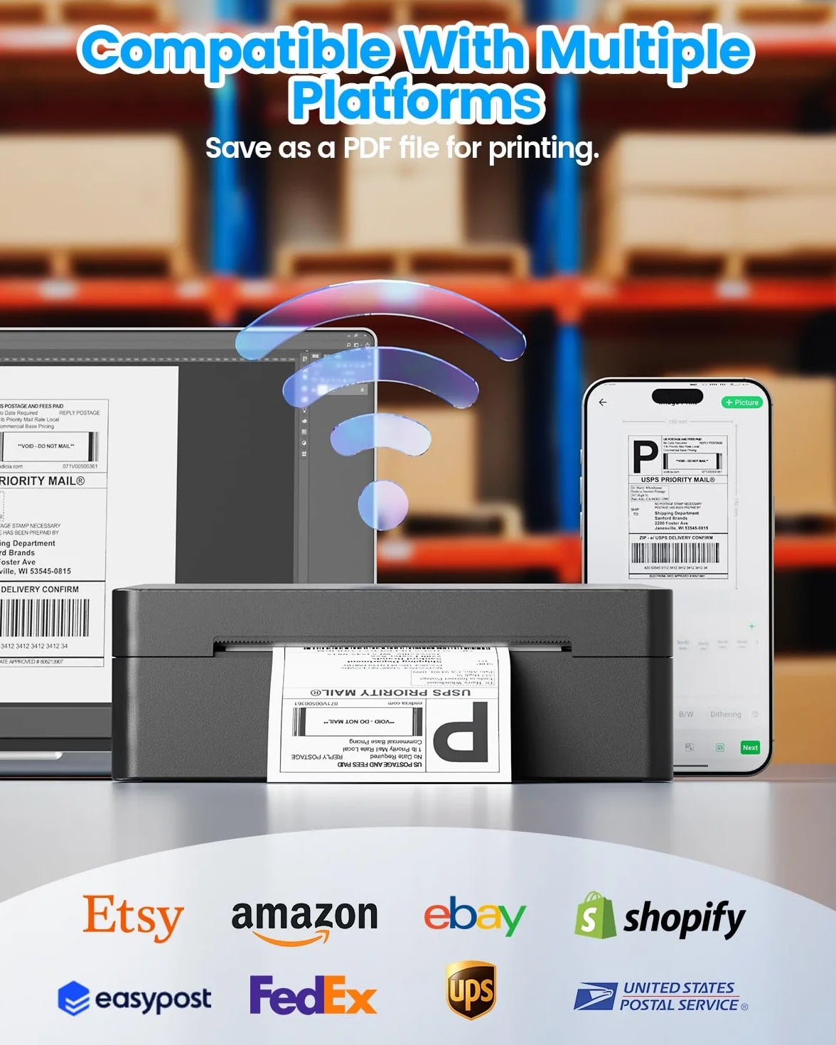 Stampante Termica Etichette Bluetooth, Stampante Etichette Spedizione 4x6 (10x15cm), Stampante di Etichette Postali per Aziende, Compatibile con Amazon, Shopify, DHL, DPD