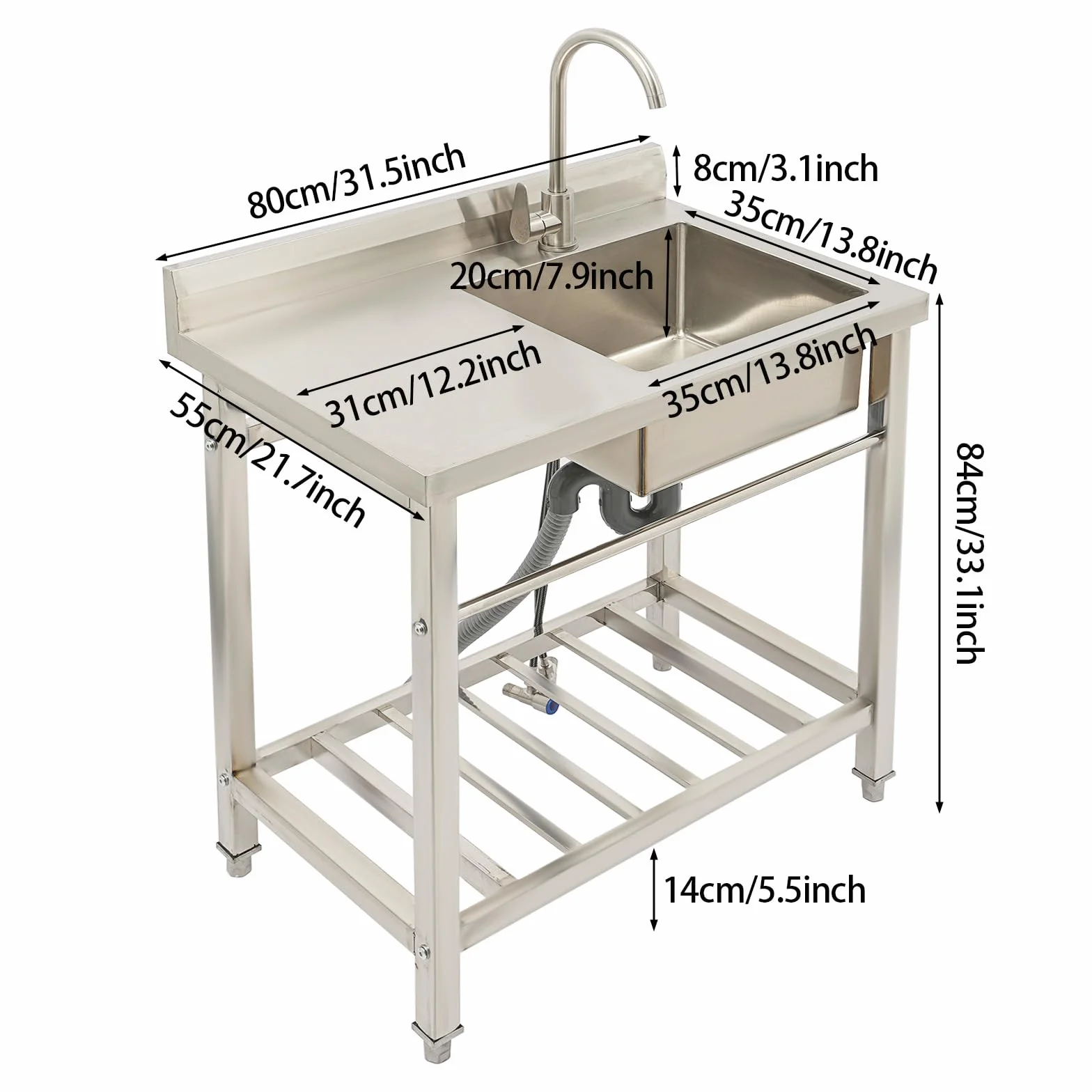 Lavello autoportante con gambe quadrate e una vasca, lavello commerciale con mobiletto, portata fino a 100 kg, incluso rubinetto e connettore per acqua, 80 x 55 x 84 cm