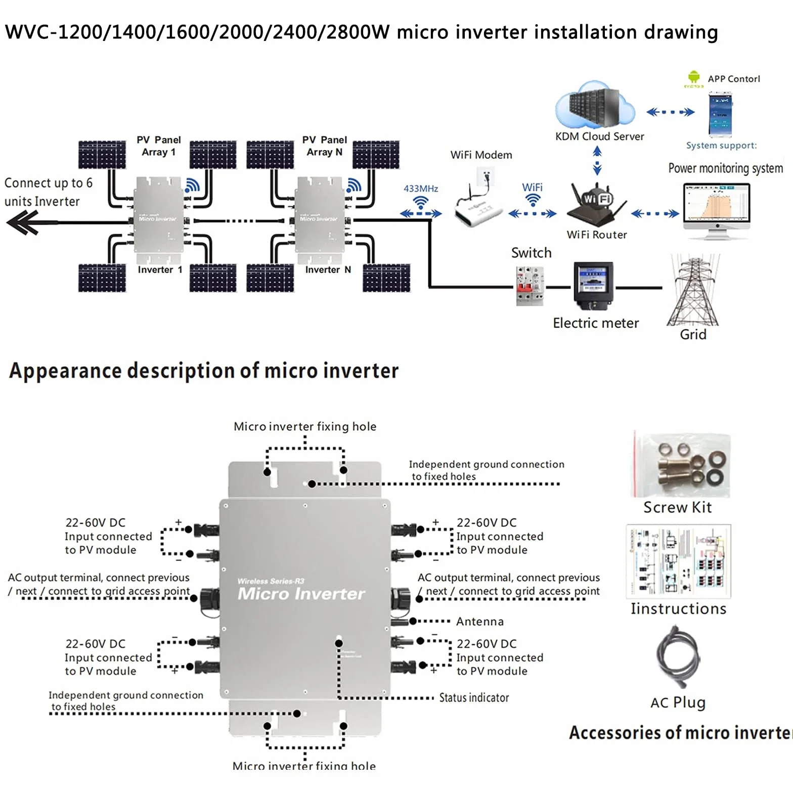 Inverter solare a legame a griglia, micro inverter MPPT per moduli fotovoltaici, centrale elettrica da balcone, 2400 W