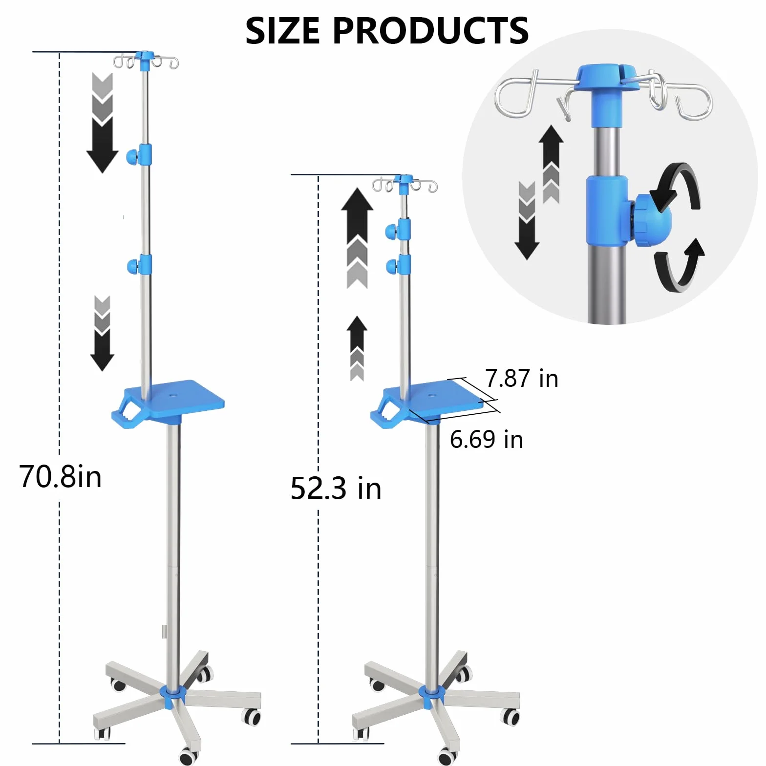 Rolling IV Supporto con vassoio – Supporto IV in acciaio inox con 4 ganci, ruote e struttura regolabile in altezza per cliniche e a casa
