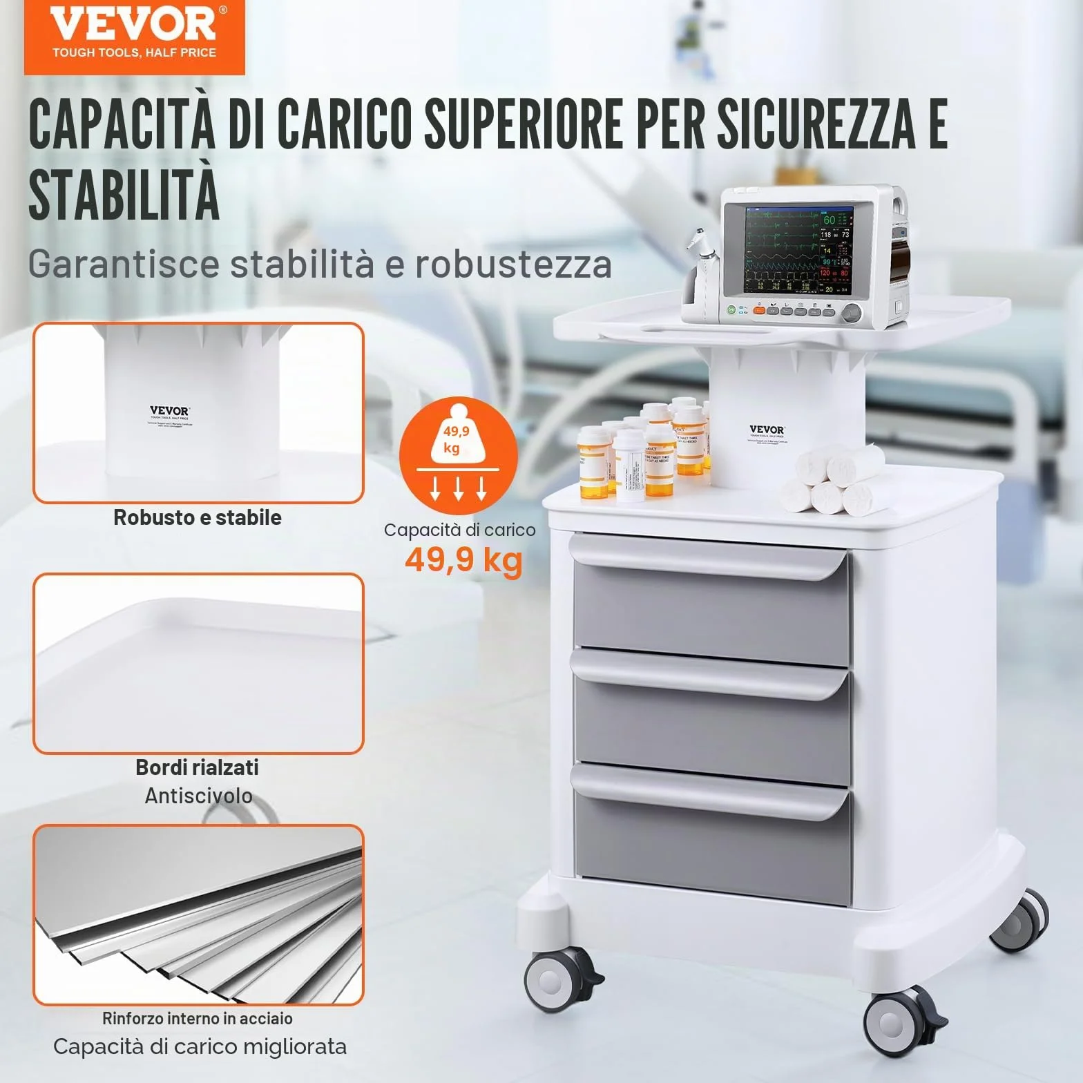 VEVOR Carrello da Laboratorio 4 Ripiani con 3 Cassetti 1 Vassoio Superiore 4 Ruote, Bianco