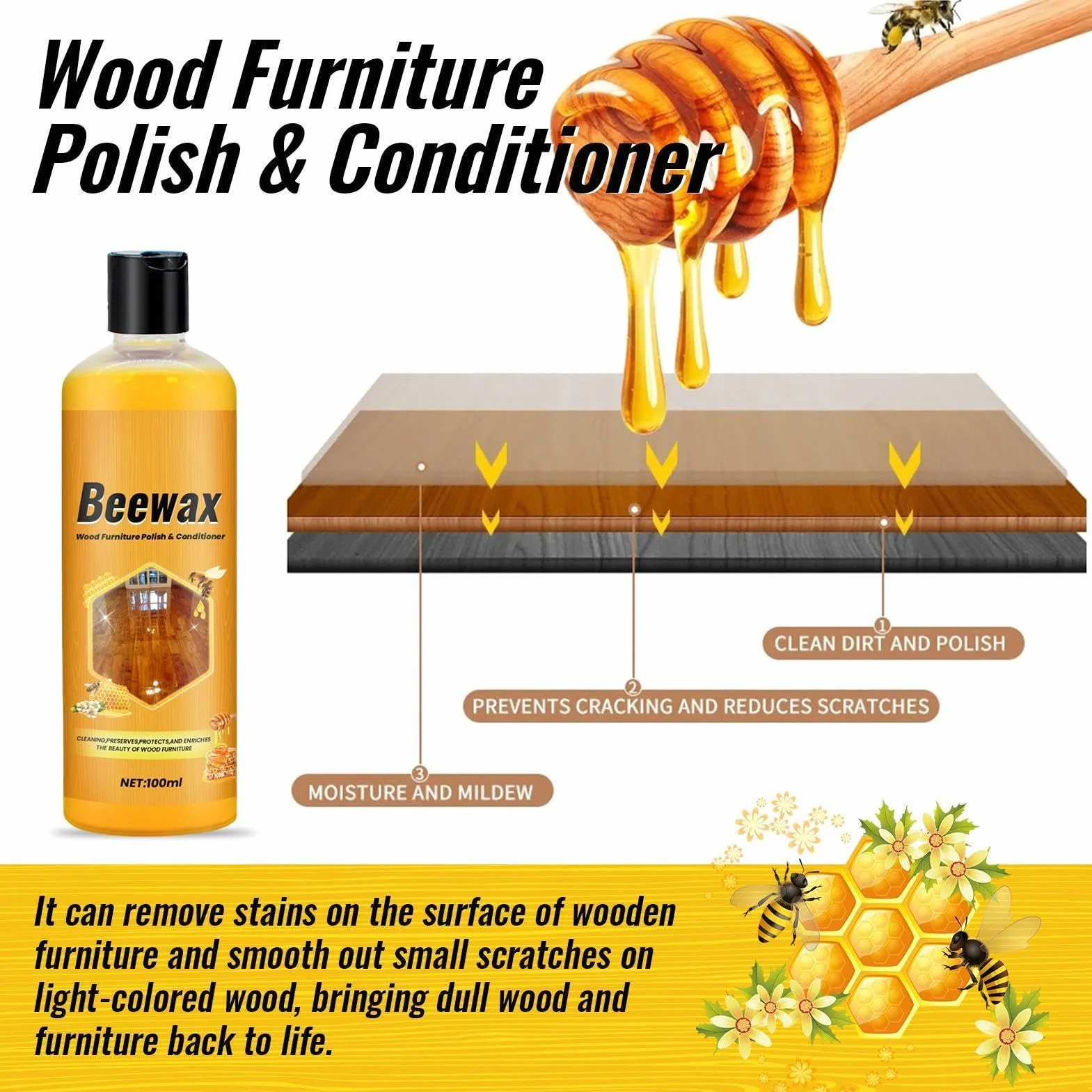 Agente Lucidante Per Mobili - 100ML Detergente Dor Pavimenti beewaxs, Lucidante Naturale Per Mobili, LucidantePer Legno A Lunga Durata Per Rimuovere Impronte Digitali, Tavoli, Battiscopa