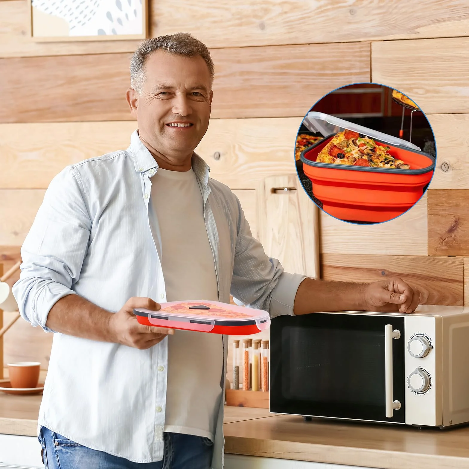 Pojemnik na pizzę składany silikonowy z pokrywką, wielokrotnego użytku, 100 szt. papieru do pieczenia, oszczędzający miejsce