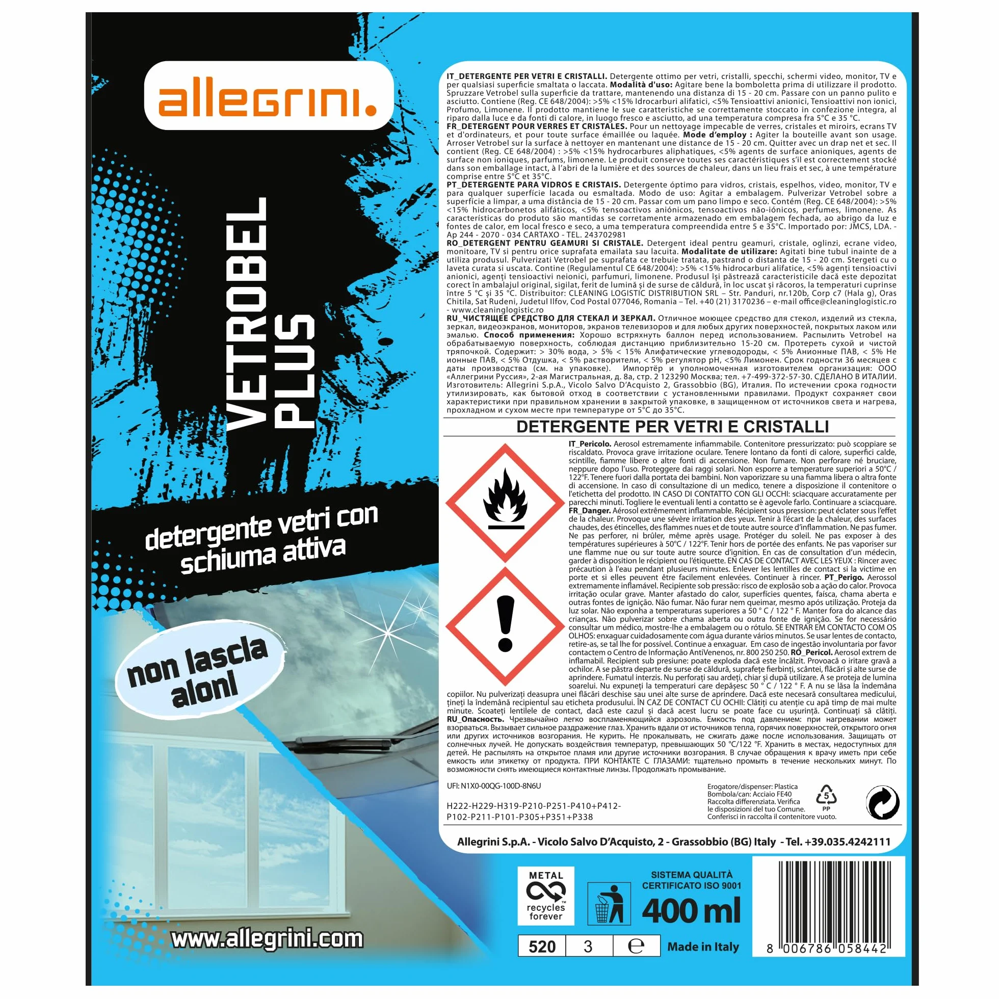 Allegrini Vetrobel Plus Spray Vetri Detergente Multiuso 400 ml