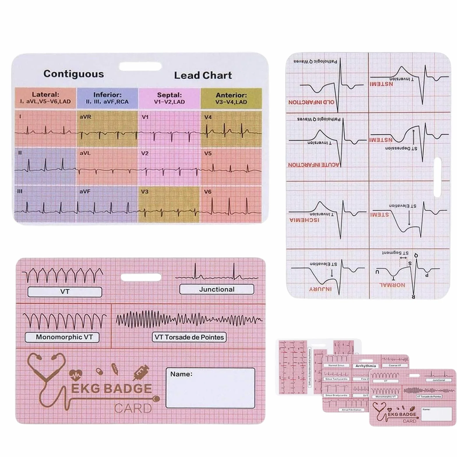 Riferimento badge ECG - Flashcard infermieristica, tre pezzi ECG, guida al ritmo cardiaco, tabella di informazioni rapide cliniche, strumento di valore del laboratorio medico | Scheda di
