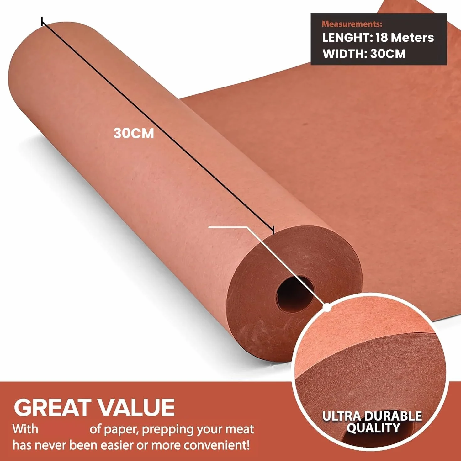 LATERN Rotolo di Carta da Macellaio, 30CM x 18M Carta Kraft per Uso Alimentare Non Sbiancata Non Cerata Non-Patinata Cartas da Macellaio per Affumicatore Barbecue Grigliate Affumicatura Cottura Carni
