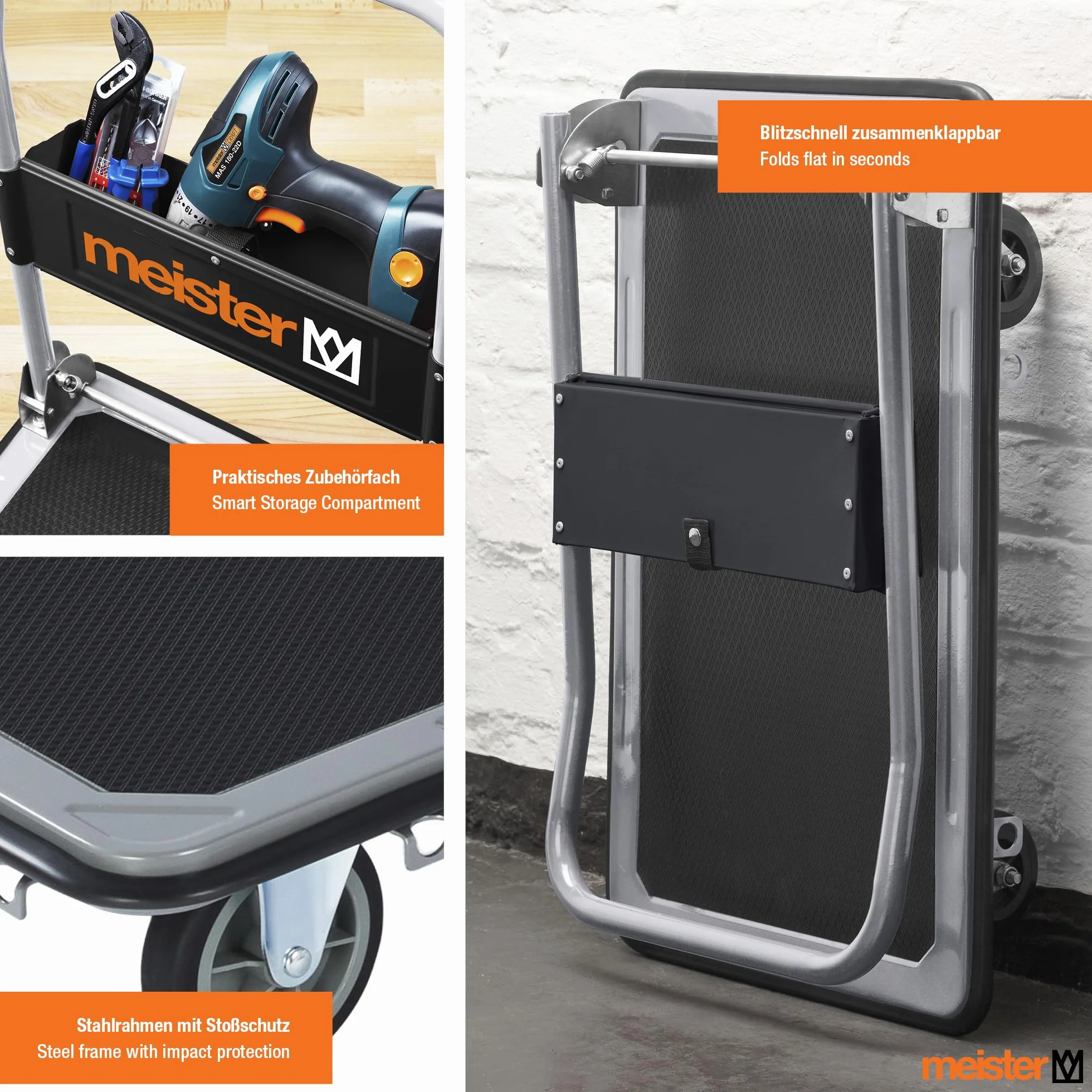 Meister Carrello piattaforma pieghevole - Portata 150 kg - Freno stazionamento / Trasporto ruote girevoli / Pacchi antiscivolo / Carrello acciaio pieghevole / 8985530